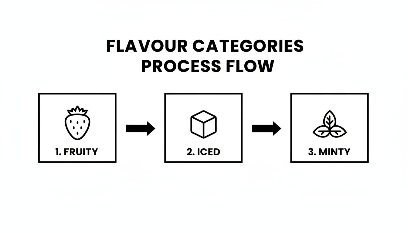 A process flow diagram illustrating three flavour categories: 1. Fruity, 2. Iced, and 3. Minty.