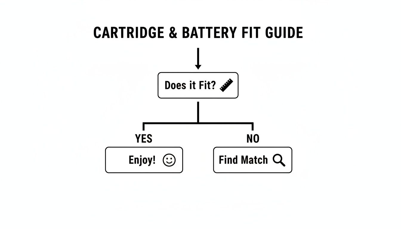 A flowchart titled 'Cartridge & Battery Fit Guide' asks 'Does it Fit?', leading to 'Enjoy!' or 'Find Match'.
