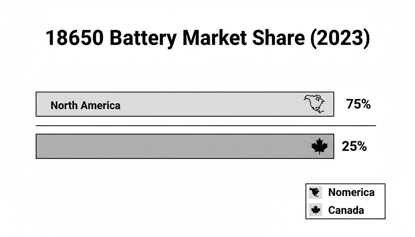 Bar chart displaying 18650 battery market share in 2023, with North America at 75% and Canada at 25%.
