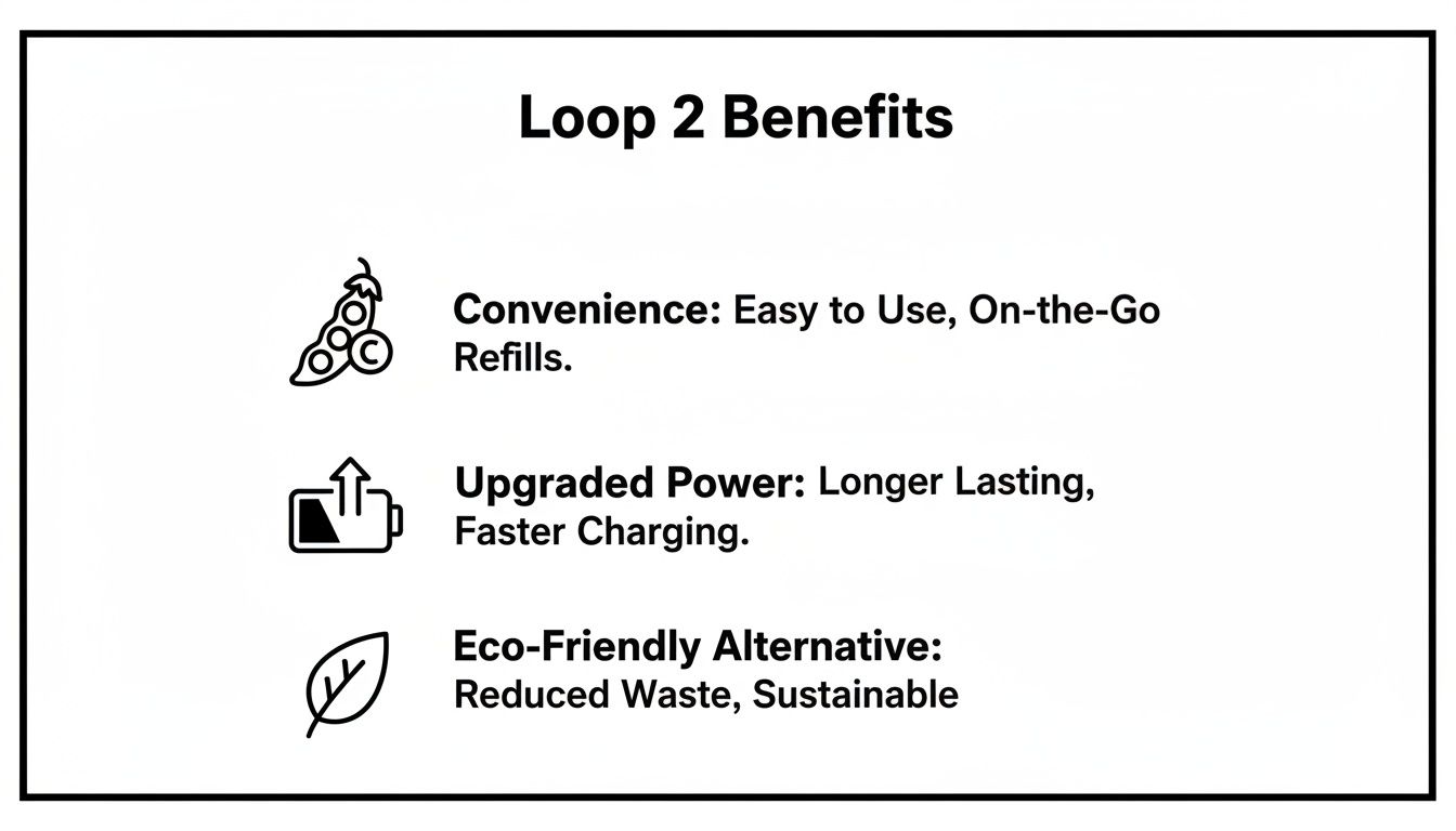 Loop 2 Benefits list with icons detailing convenience, upgraded power, and eco-friendly features.