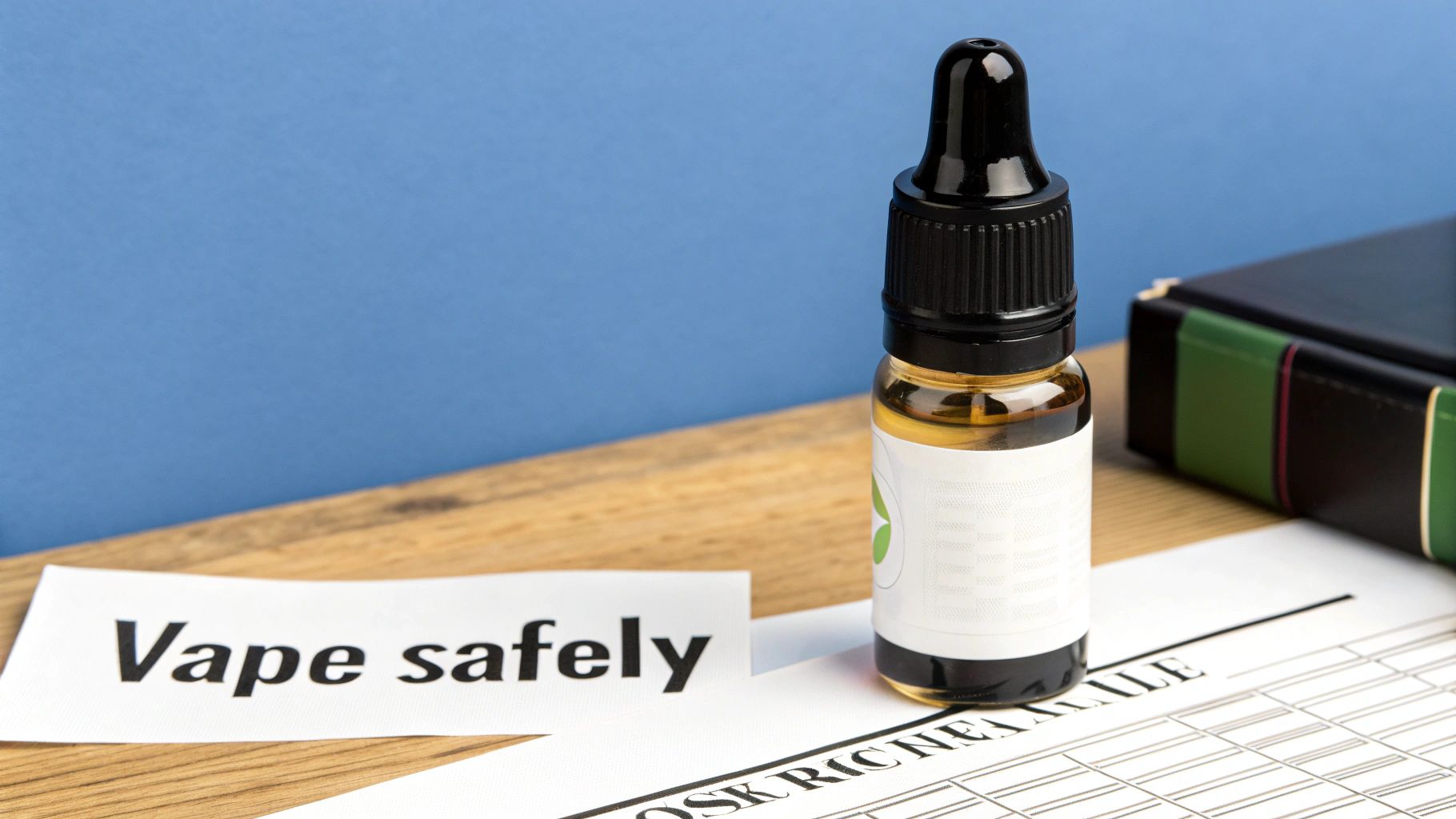 A vape juice bottle stands next to a 'Vape safely' note on a wooden desk, promoting safe practices.
