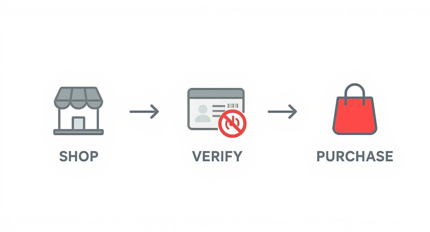 Icons illustrating shopping, no identity verification, then making a purchase.
