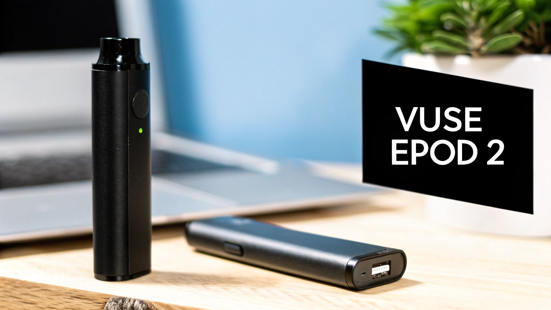 Two black Vuse ePod 2 vape devices on a wooden table, one standing with a green indicator light, the other lying down.