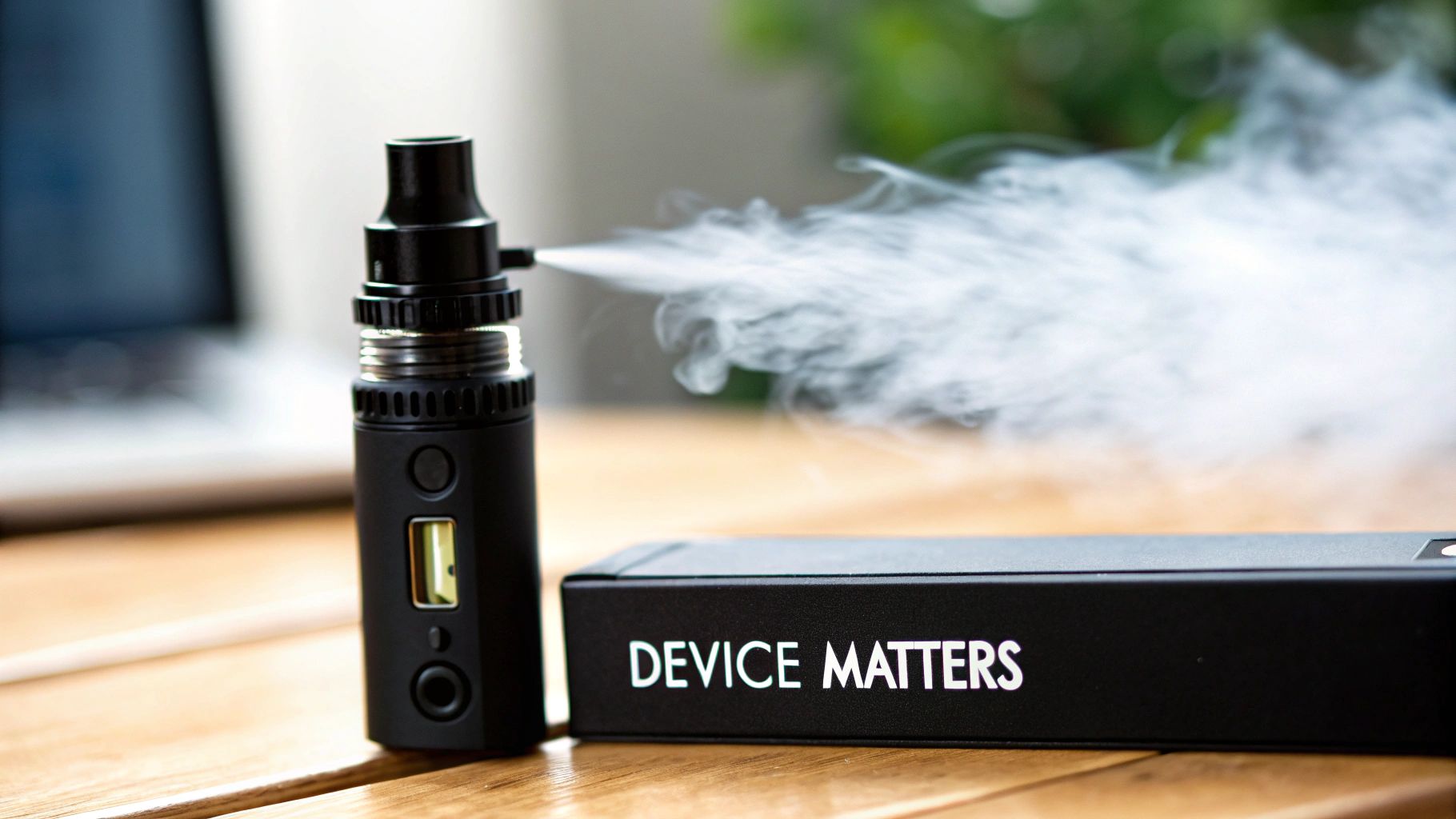 A black vape device emitting a large cloud of vapor, next to a box that reads "DEVICE MATTERS".