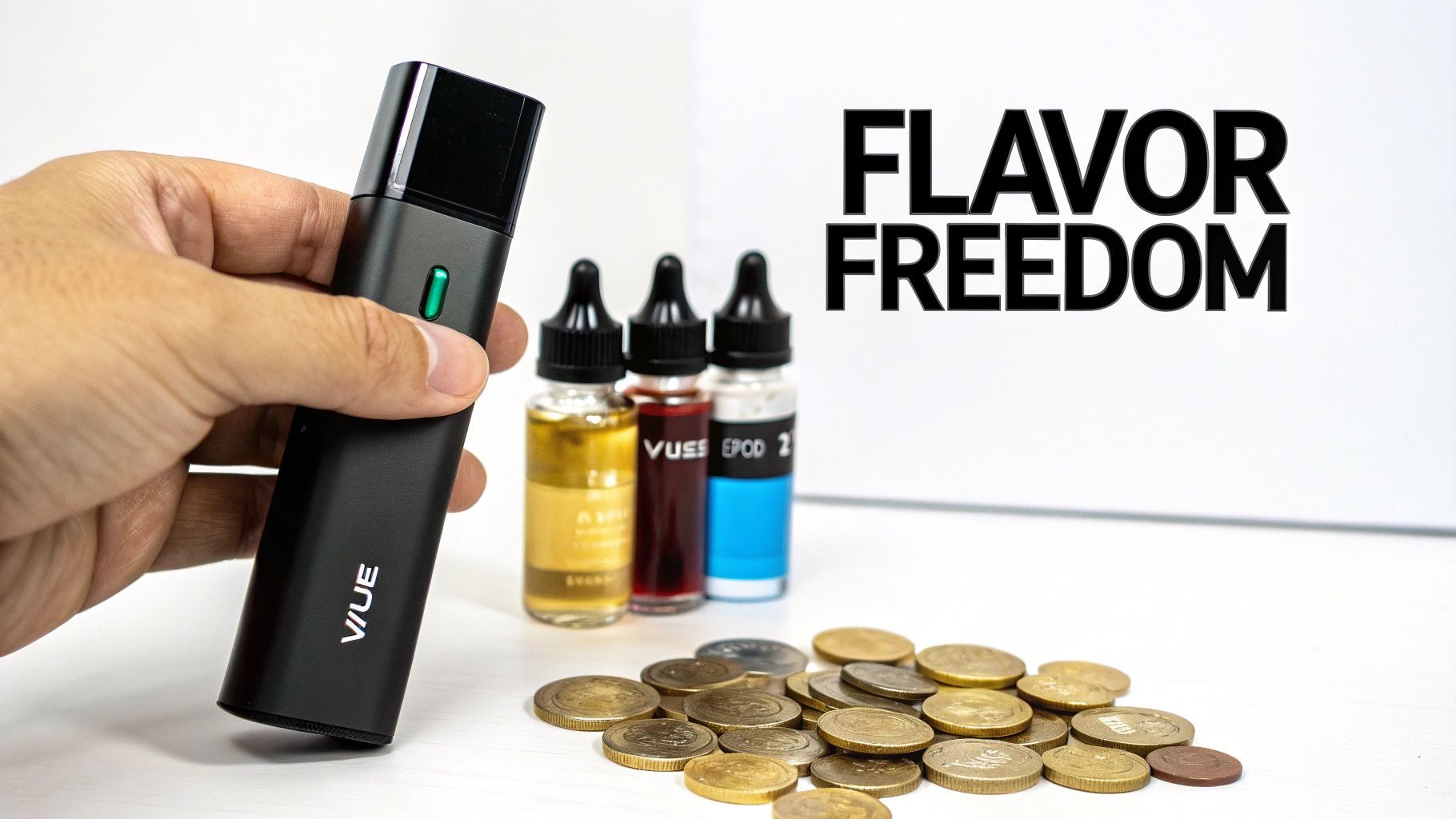 A hand holds a black Vuse vaping device with e-liquid bottles and coins, next to "FLAVOR FREEDOM" text.