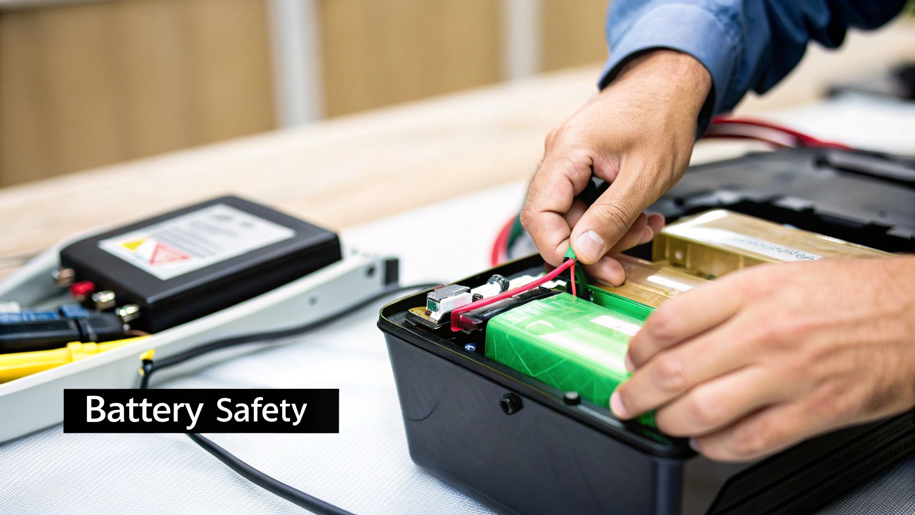 A person's hands are connecting wires to green batteries inside a black case, emphasizing battery safety.