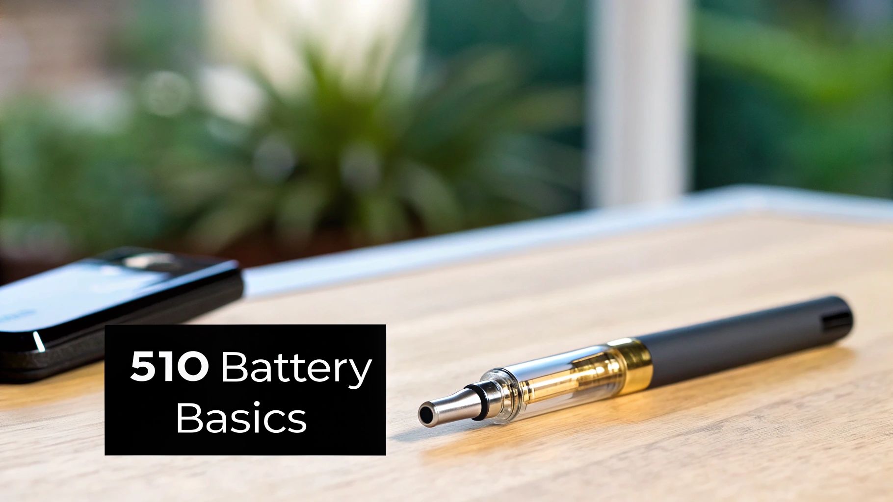 A black and gold 510 vape pen and battery on a wooden table, with '510 Battery Basics' text overlay.