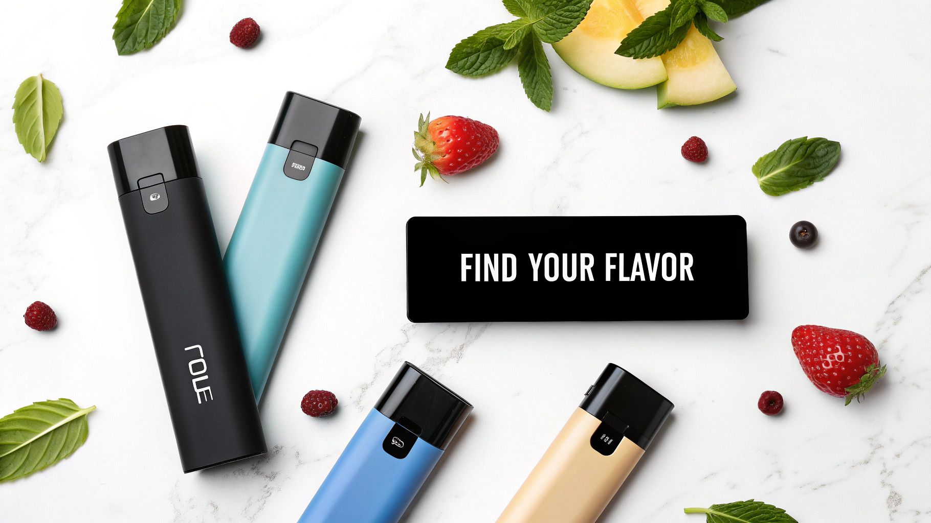 Vaping devices in various colors surrounded by fresh fruits and mint leaves, inviting flavor discovery.