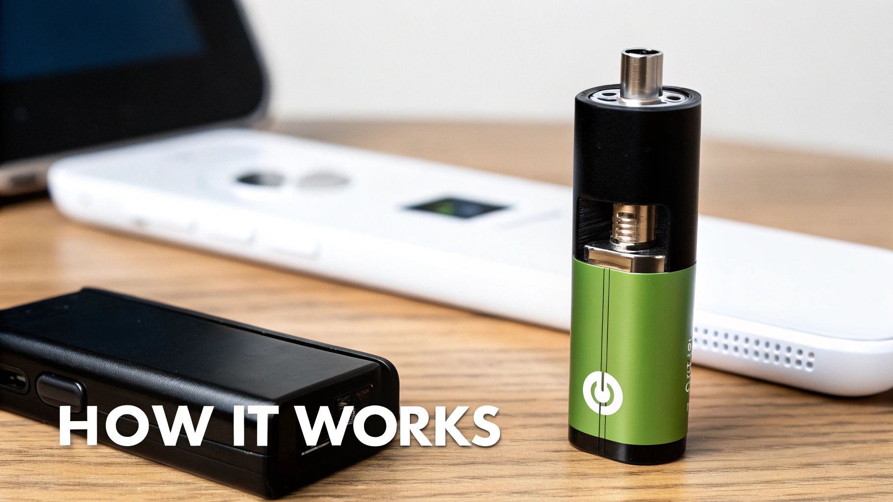 A green and black vape device and a black power bank resting on a wooden surface.