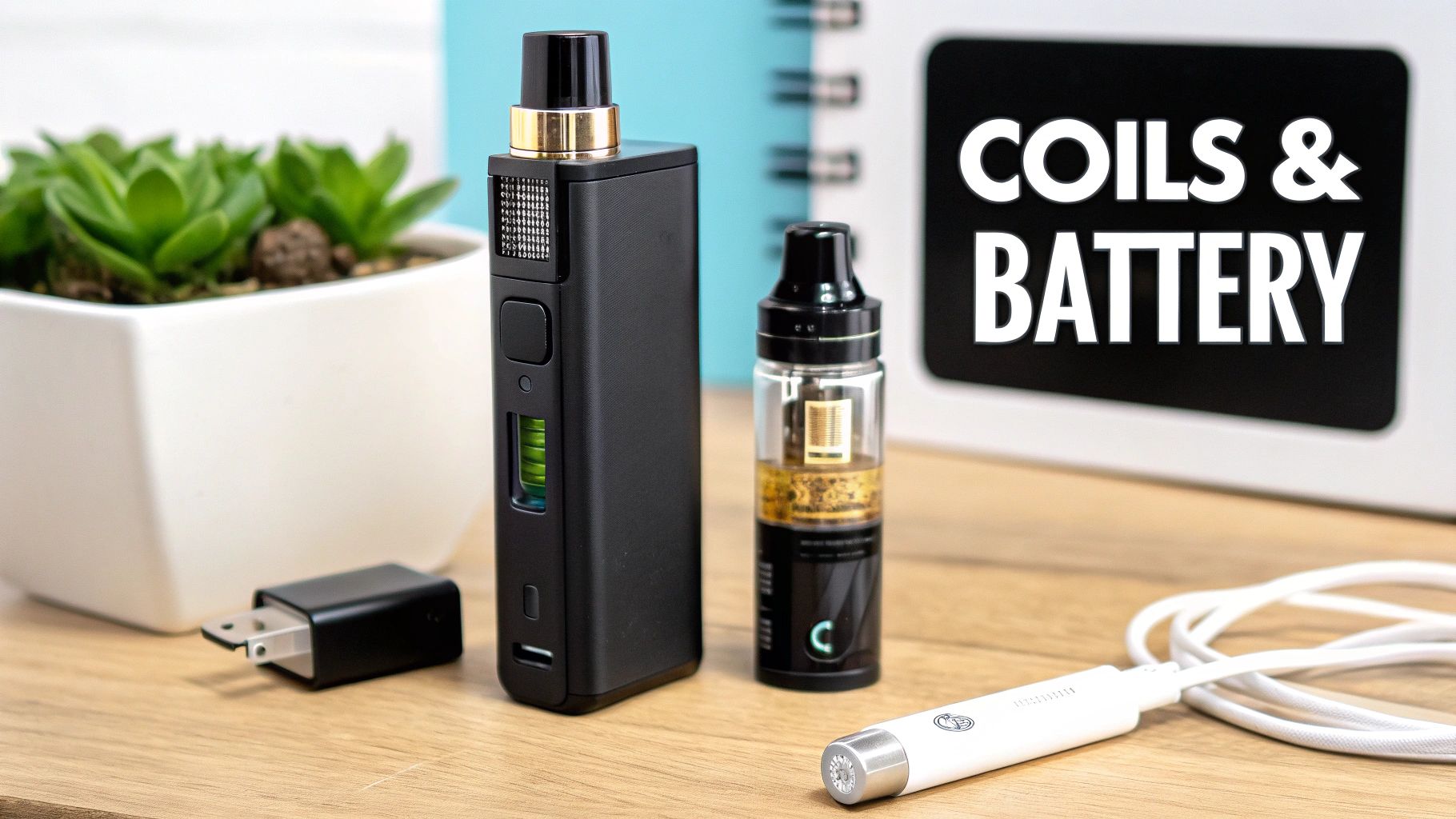 A black vape device, e-liquid bottle, charger, and cable on a desk, with a 'COILS & BATTERY' sign.