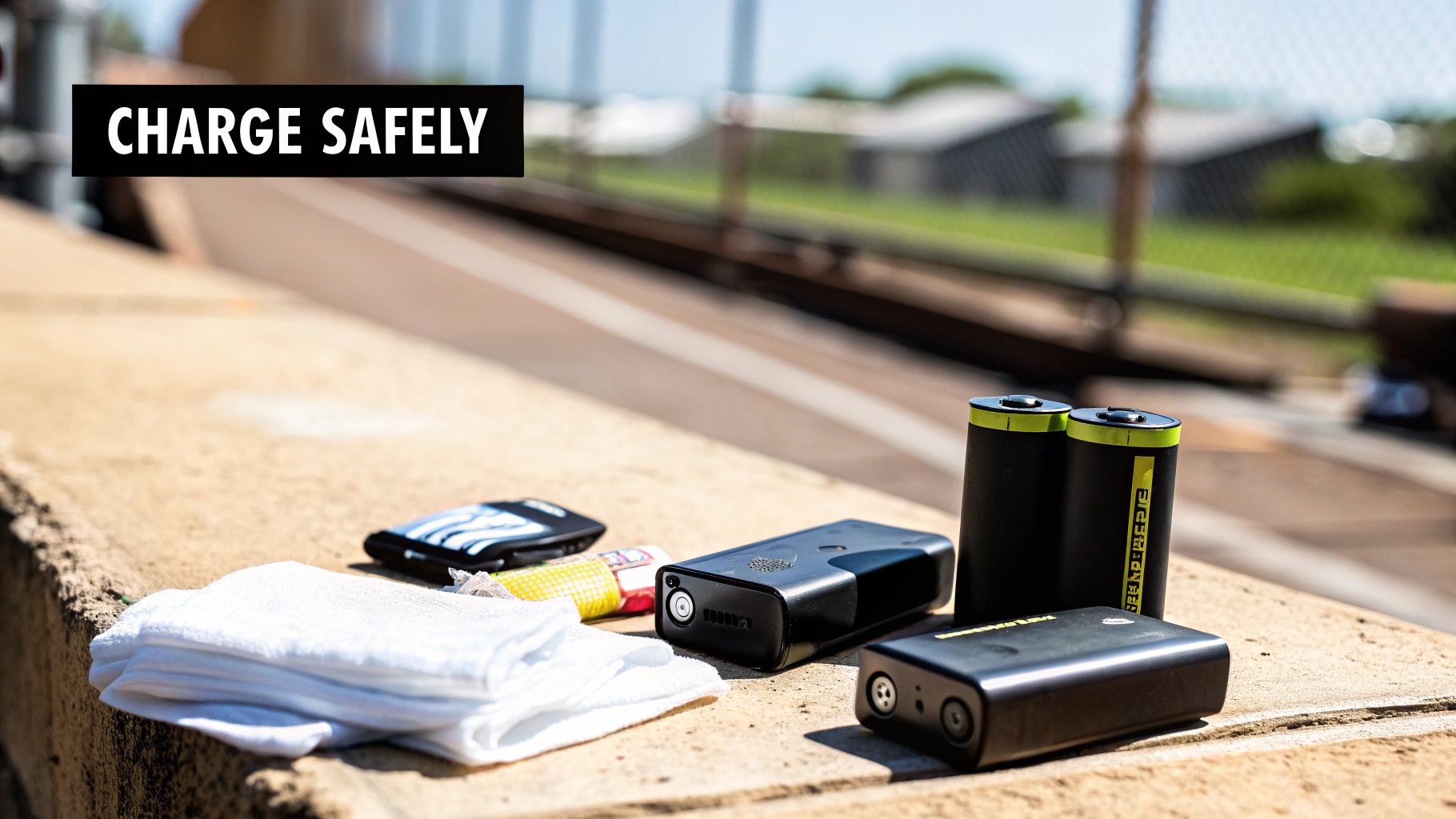 Various vape batteries and chargers displayed on a concrete ledge with a 'CHARGE SAFELY' warning.