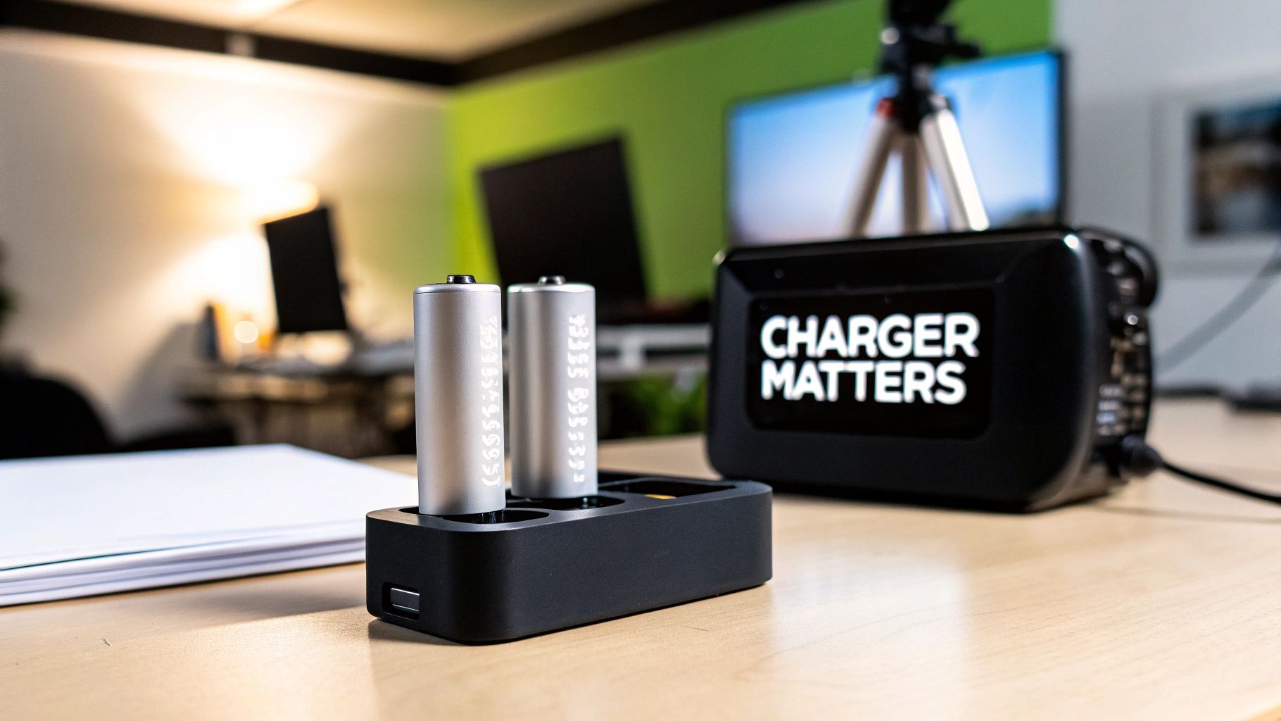 Two silver batteries charging in a black dock on a desk, with a 'CHARGER MATTERS' device nearby.
