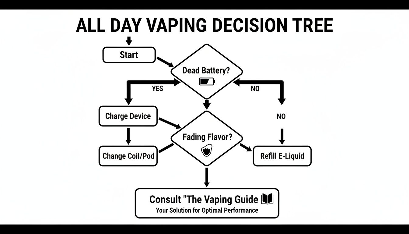 A flowchart outlining solutions for common vaping problems like dead battery and fading flavor.