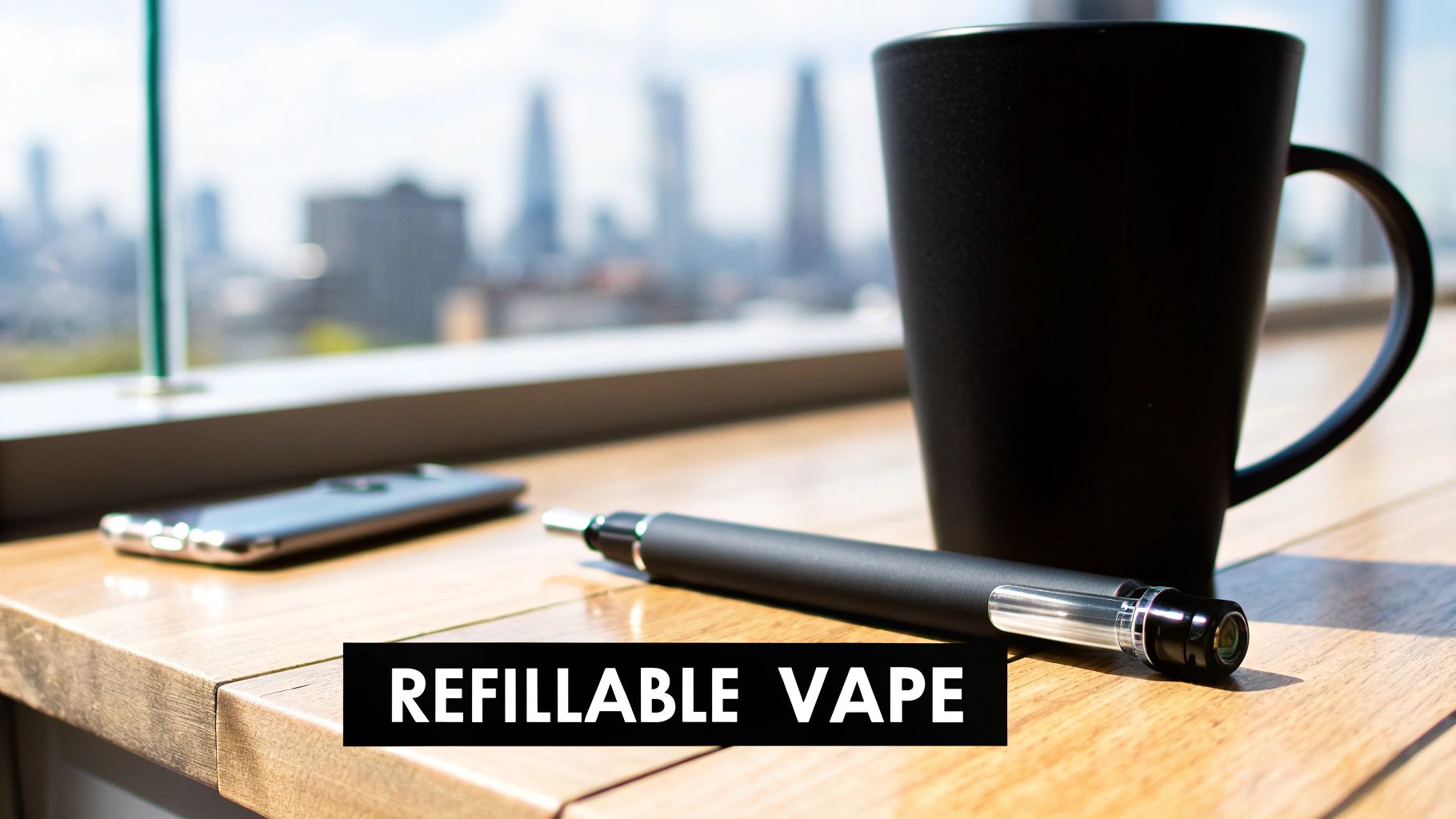 A refillable vape pen, smartphone, and black mug on a wooden desk overlooking a city.