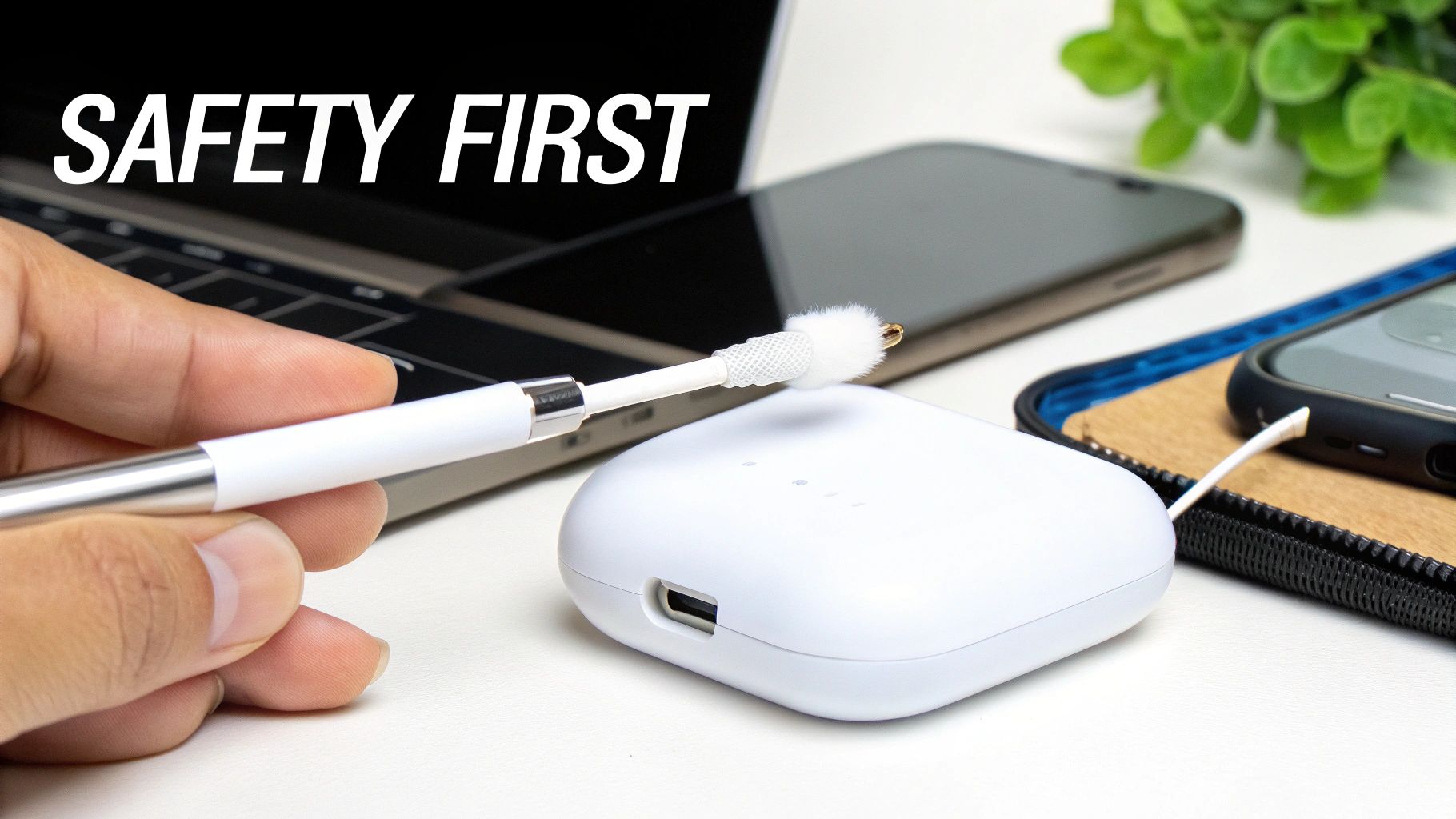 A hand uses an earbud cleaning pen near a white wireless earbud case, with 'SAFETY FIRST' text.