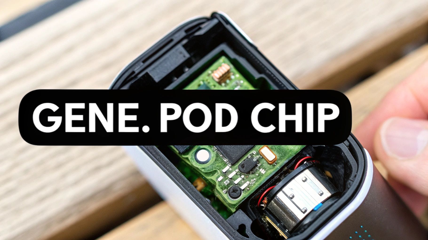 Close-up of a Voopoo Drag Nano device showing its internal GENE. POD CHIP circuit board.