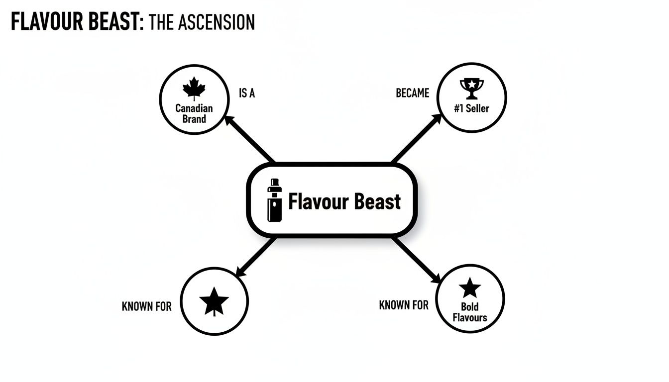 Mind map showing Flavour Beast vape brand as a Canadian, #1 seller, known for bold flavors.