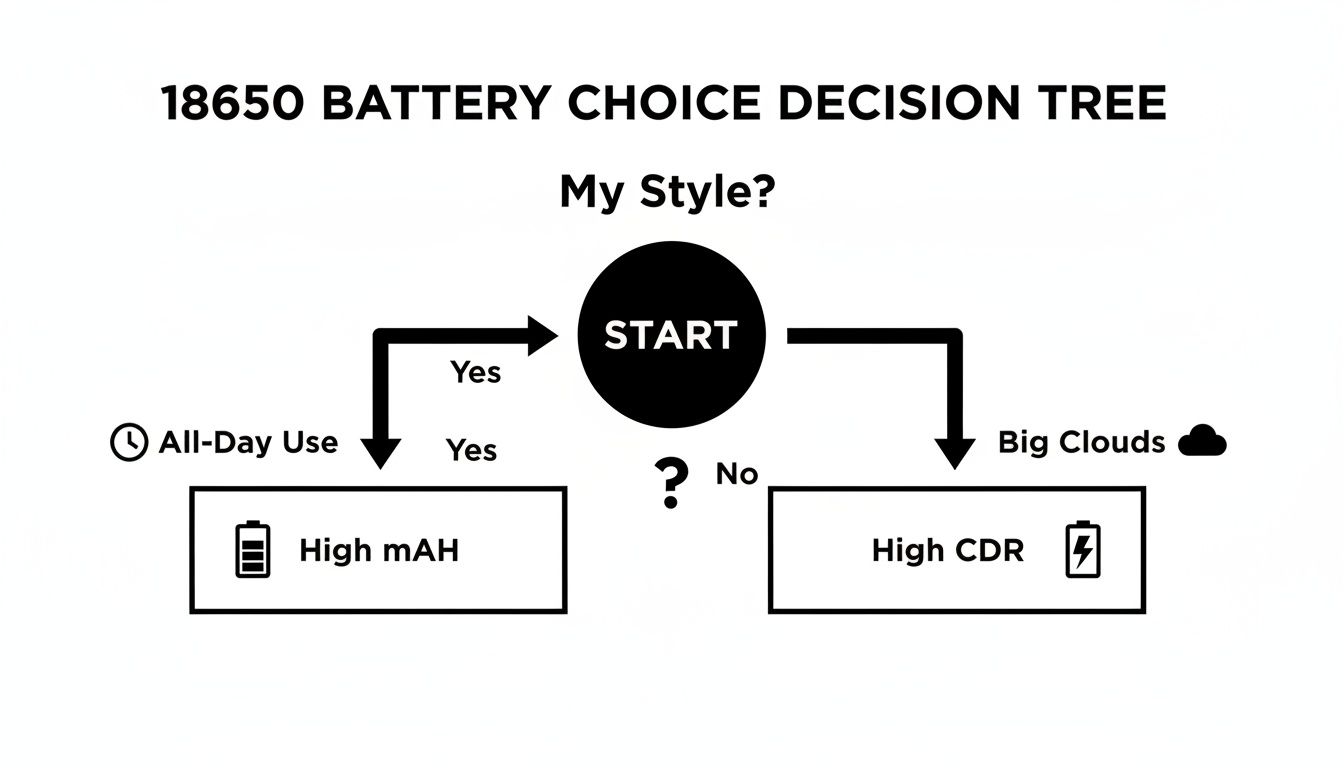 A decision tree flowchart for choosing 18650 batteries based on usage: High mAh for all-day use or High CDR for big clouds.