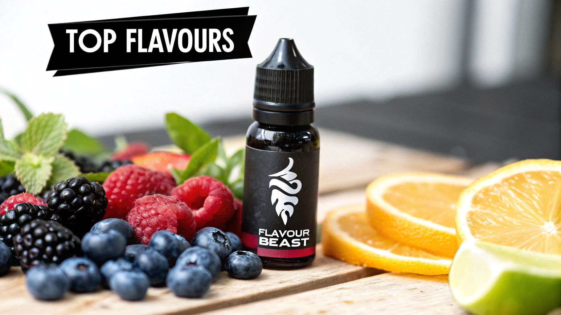 A Flavour Beast e-liquid bottle is surrounded by fresh berries, orange slices, and lime.