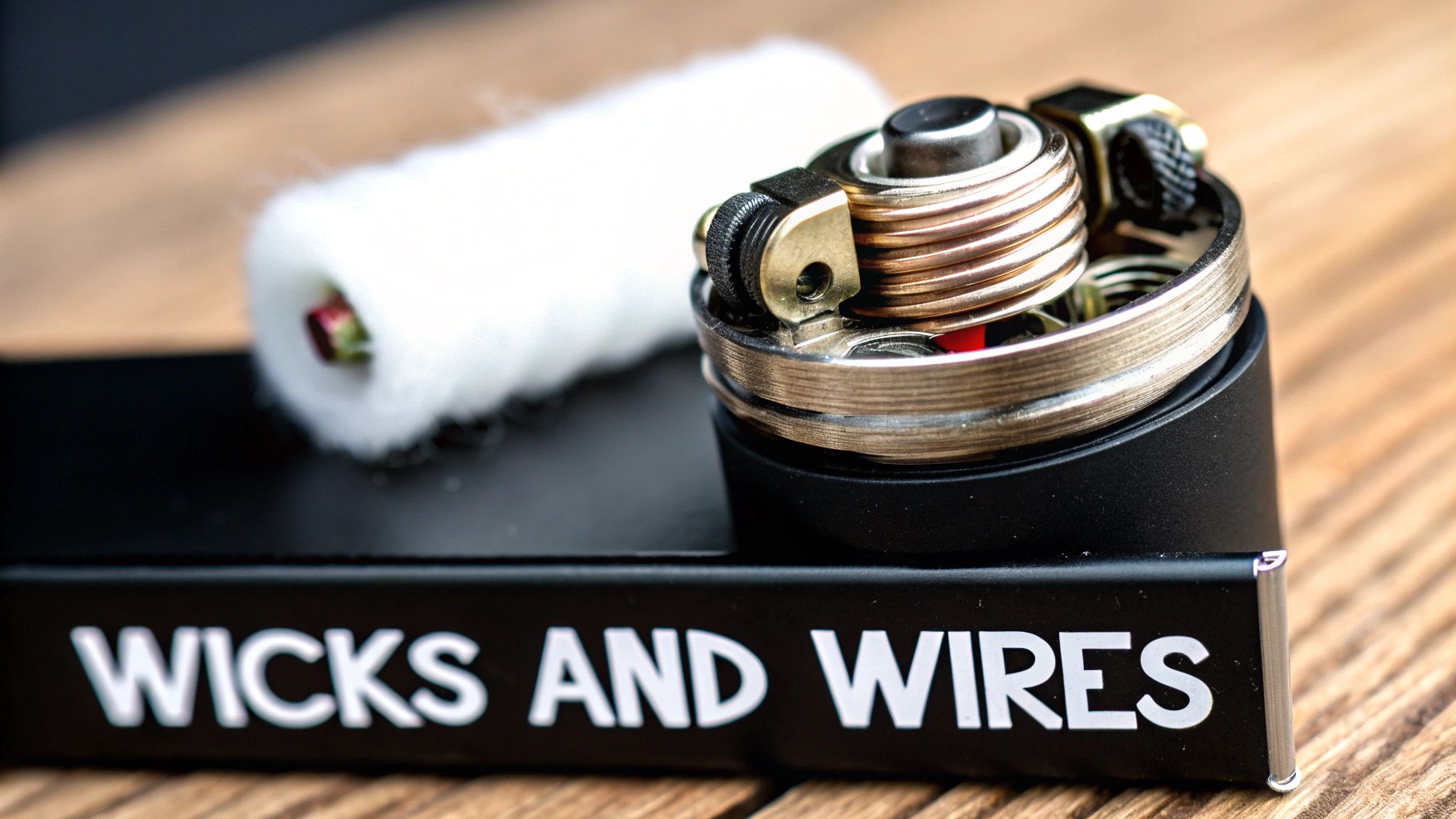 Close-up of vaping supplies, including a cotton wick, a coil, and a 'WICKS AND WIRES' branded stand on wood.