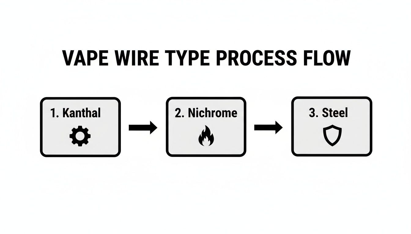 Flowchart illustrating the three main vape wire types: Kanthal, Nichrome, and Steel, with icons.