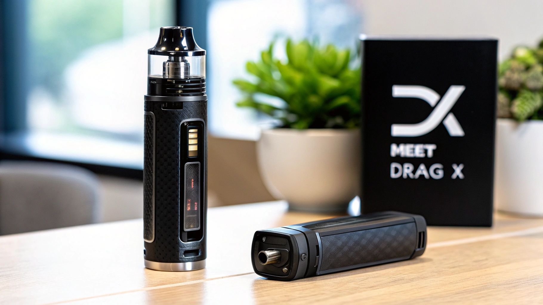 Two black Voopoo Drag X vape kits on a wooden table, one standing and one lying down, with a 'Meet Drag X' box in the background.
