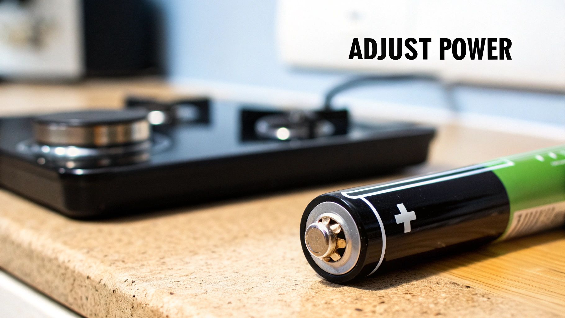 Close-up of a green and black battery with a plus sign, next to a blurred electronic device. Text reads 'ADJUST POWER'.