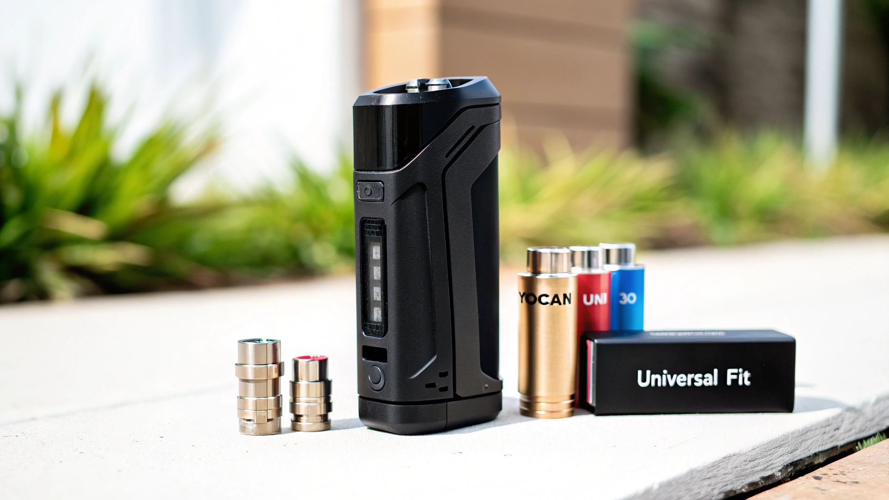 Black Yocan Uni Pro 3.0 vape device with gold, red, blue cartridges and universal adapters.