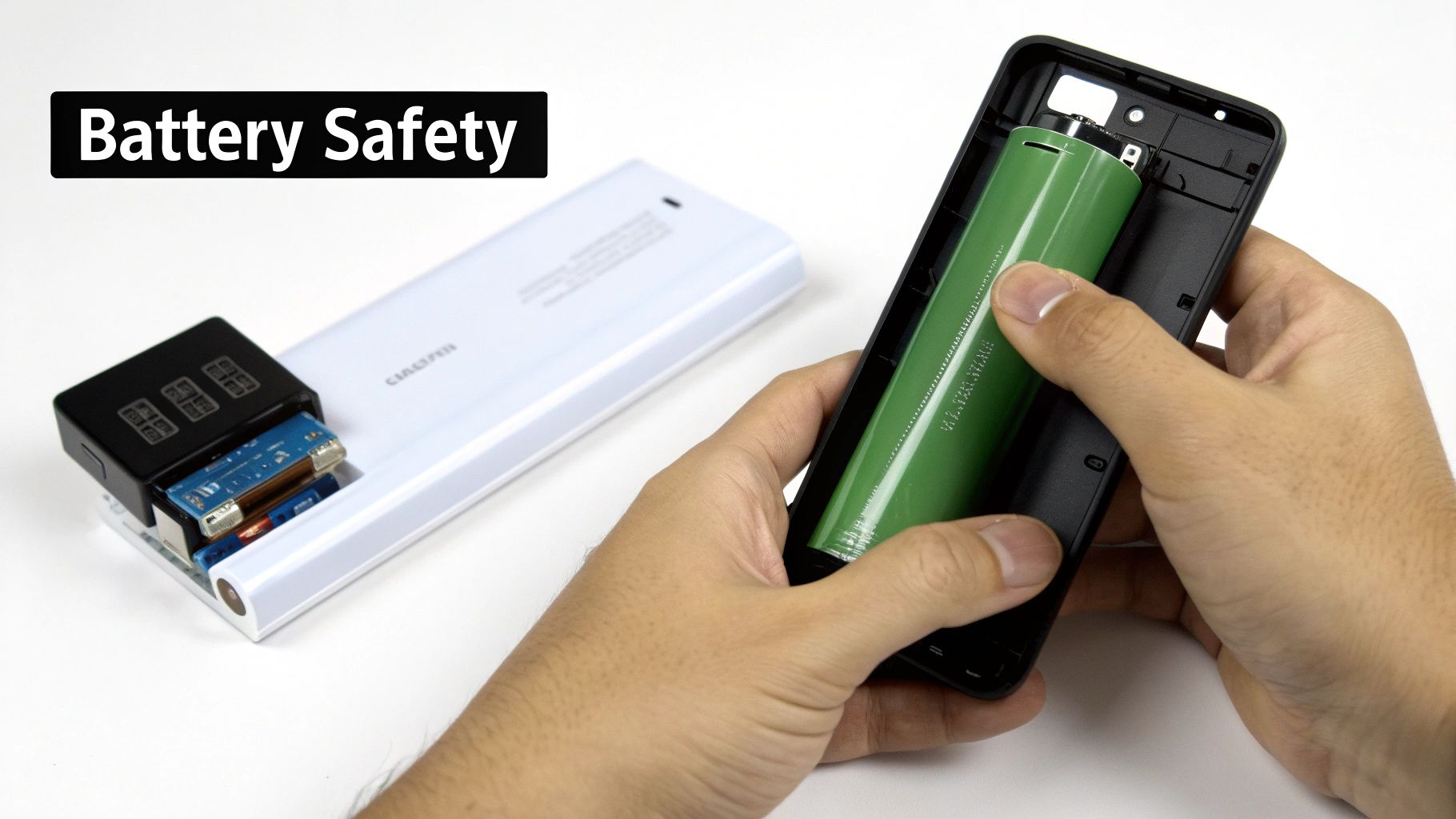 Close-up of hands installing a large green 18650 battery, emphasizing battery safety practices.