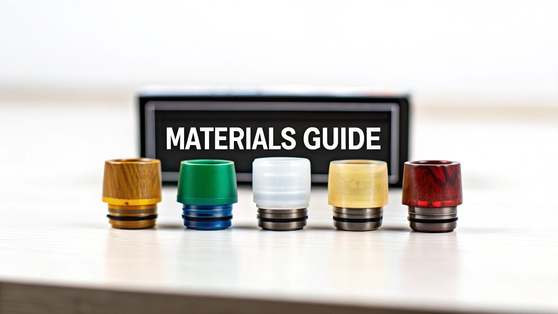 Five vape drip tips made of various materials displayed with a 'MATERIALS GUIDE' sign.