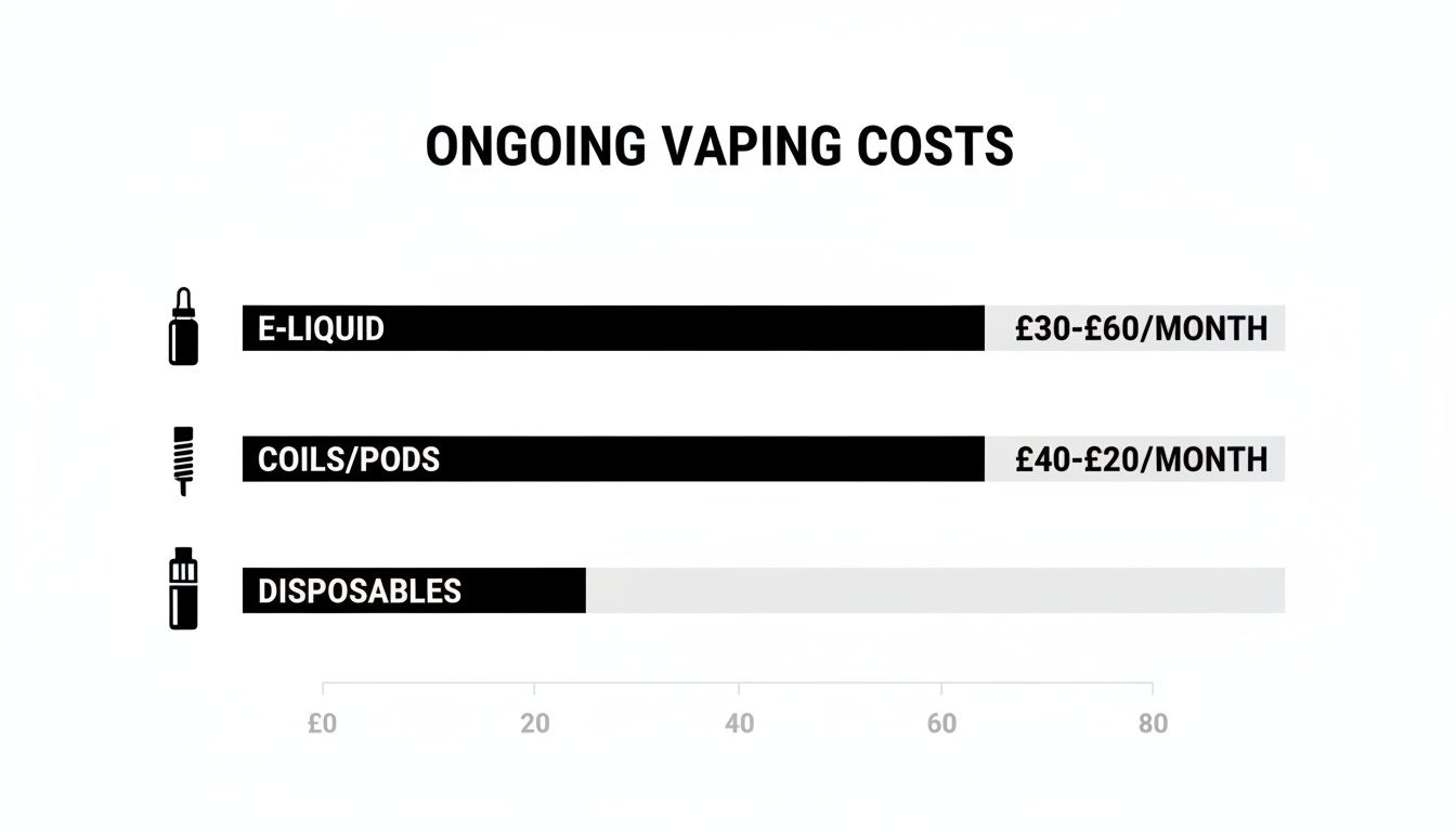 Bar chart illustrating ongoing monthly vaping costs for e-liquid, coils/pods, and disposables.