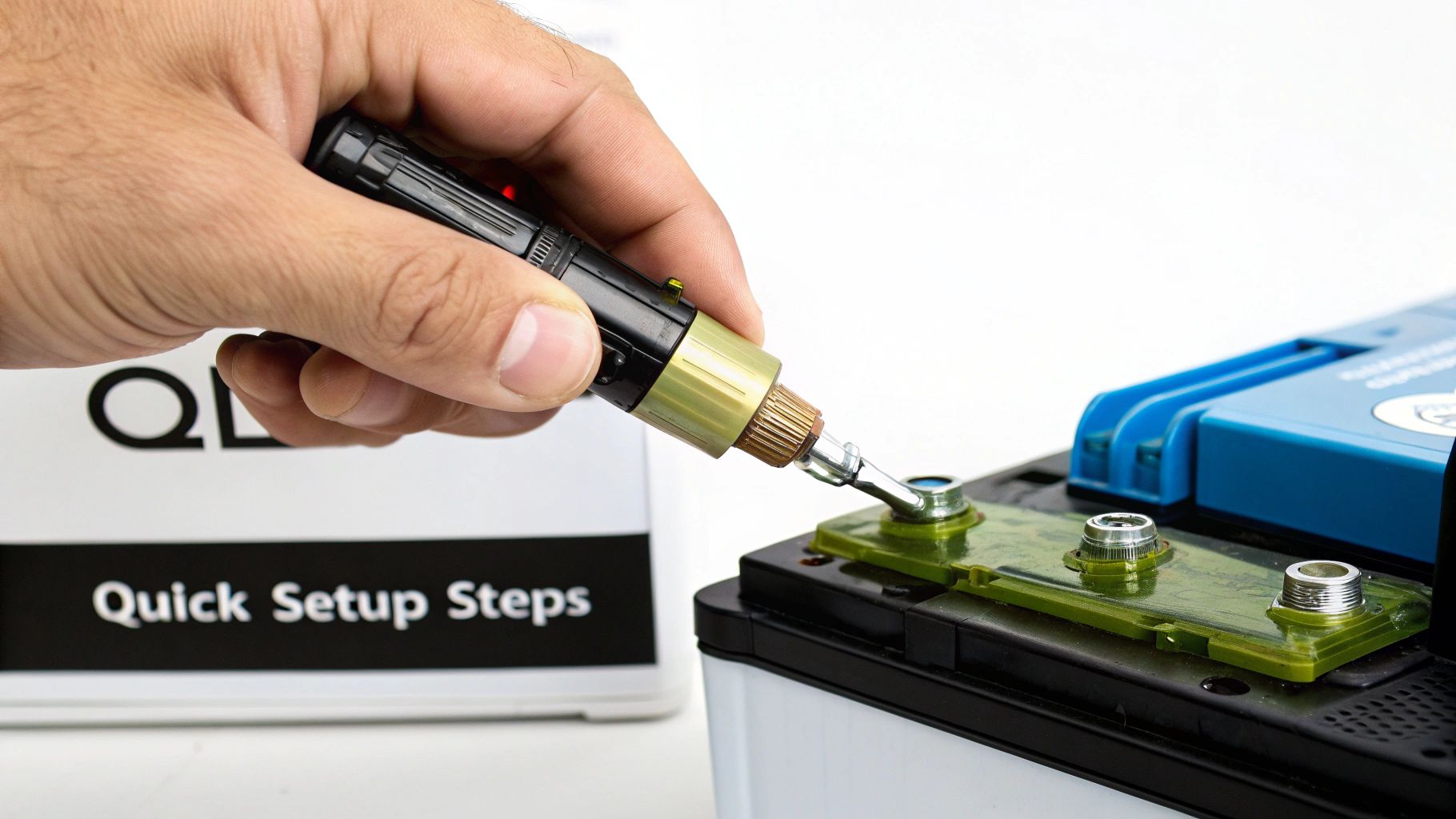 A hand uses a specialized tool to work on battery terminals on an electronic device.
