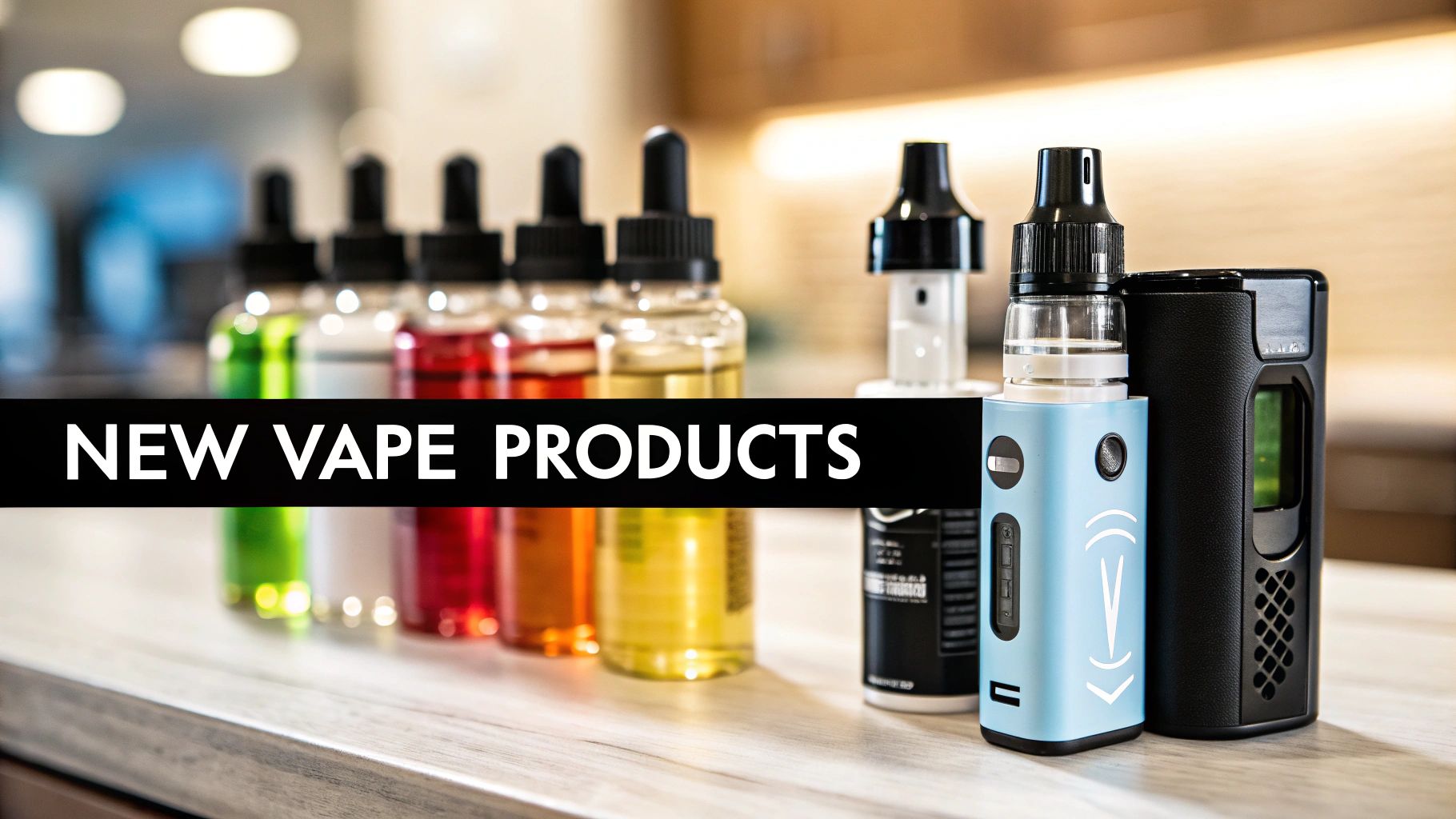 A display of new vape products, including colorful e-liquid bottles and modern vape devices.