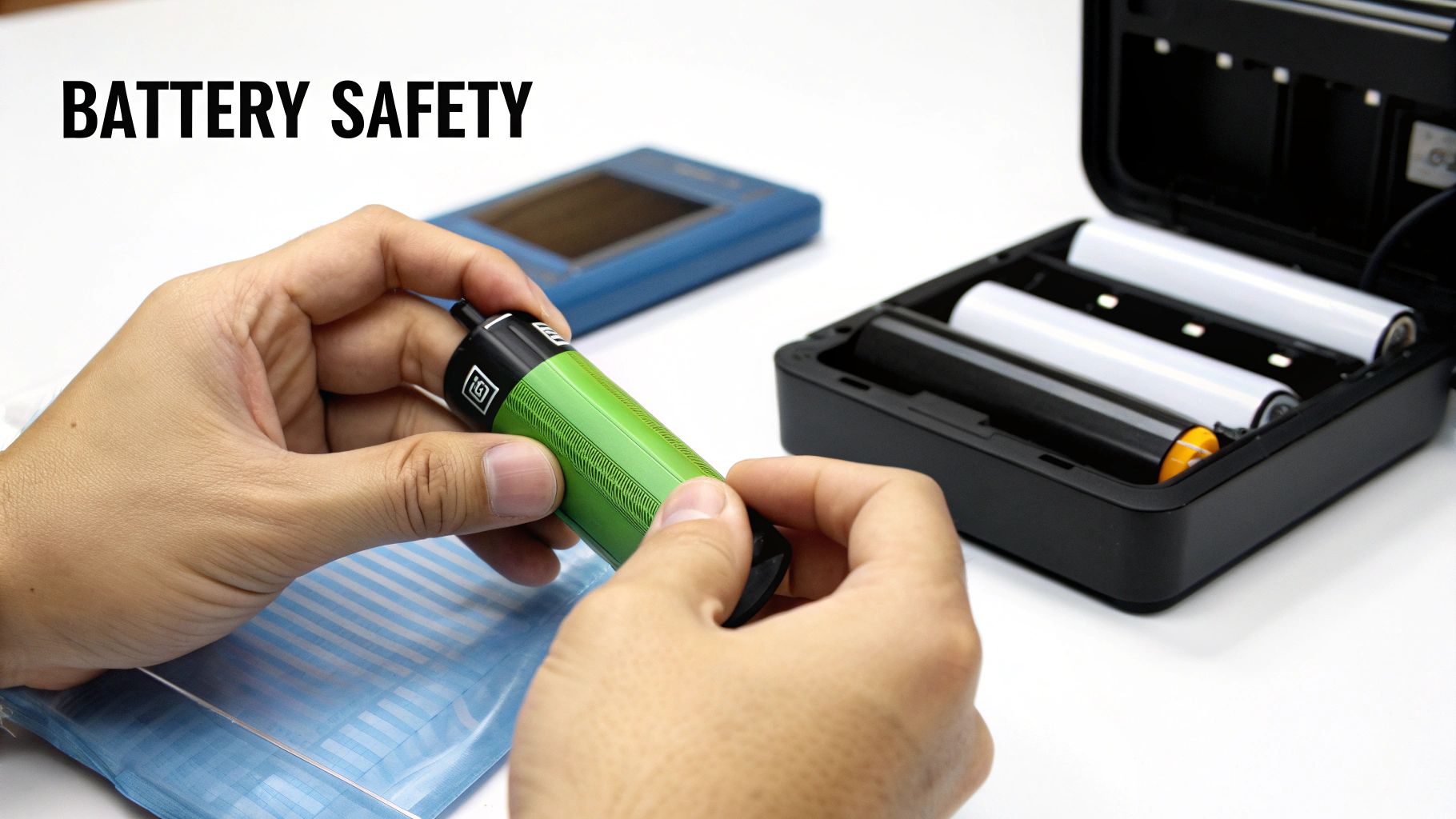 A person's hands hold a green rechargeable battery next to a charger with other batteries, emphasizing battery safety.