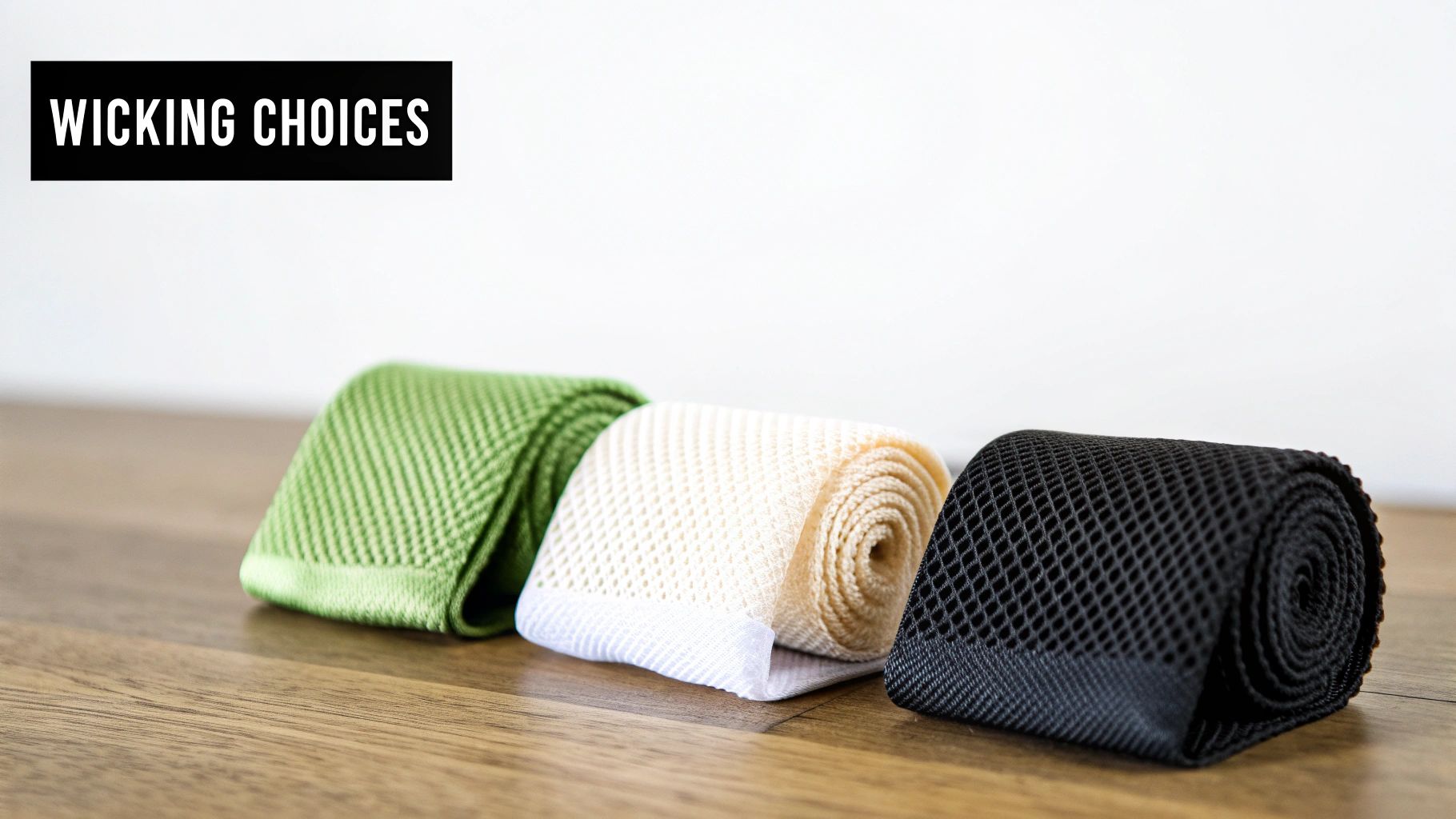 Three rolls of wicking fabric in green, beige, and black colors on a wooden surface.