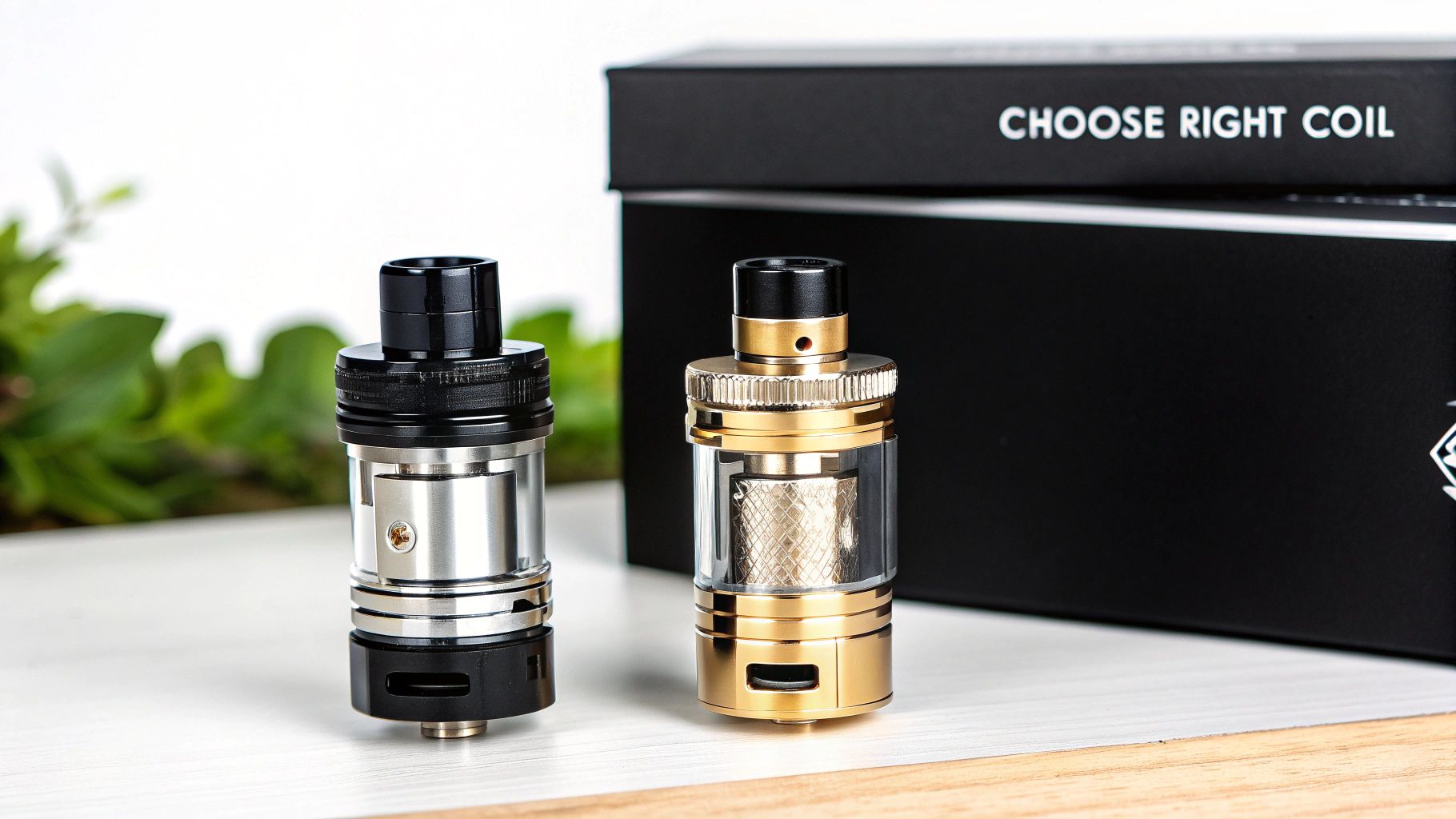 Side-by-side view of two distinct e-cigarette tanks, one silver, one gold, with coil box.