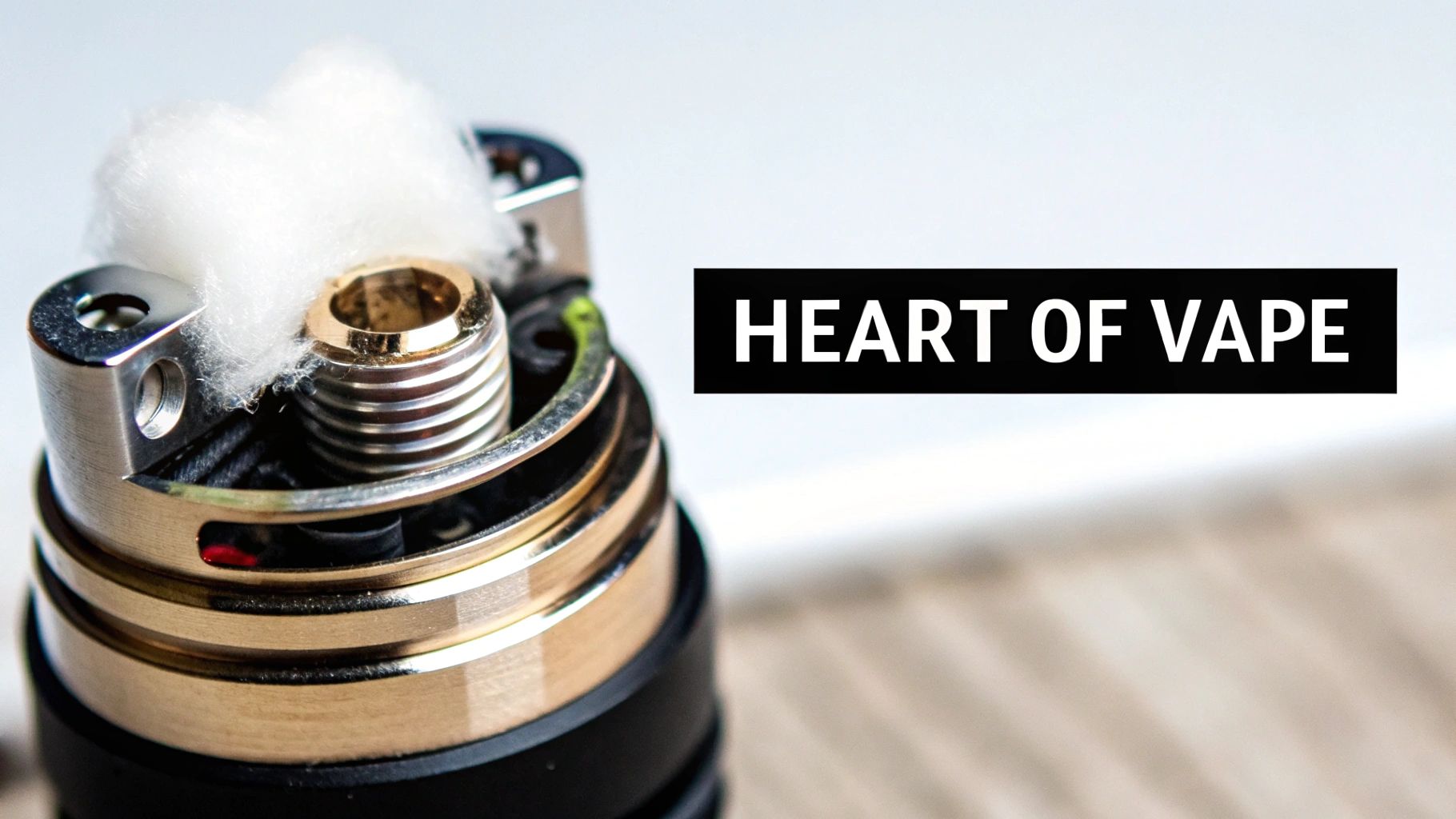 Close-up of a vape atomizer with white cotton wicking and metal coils, ready for vaping.