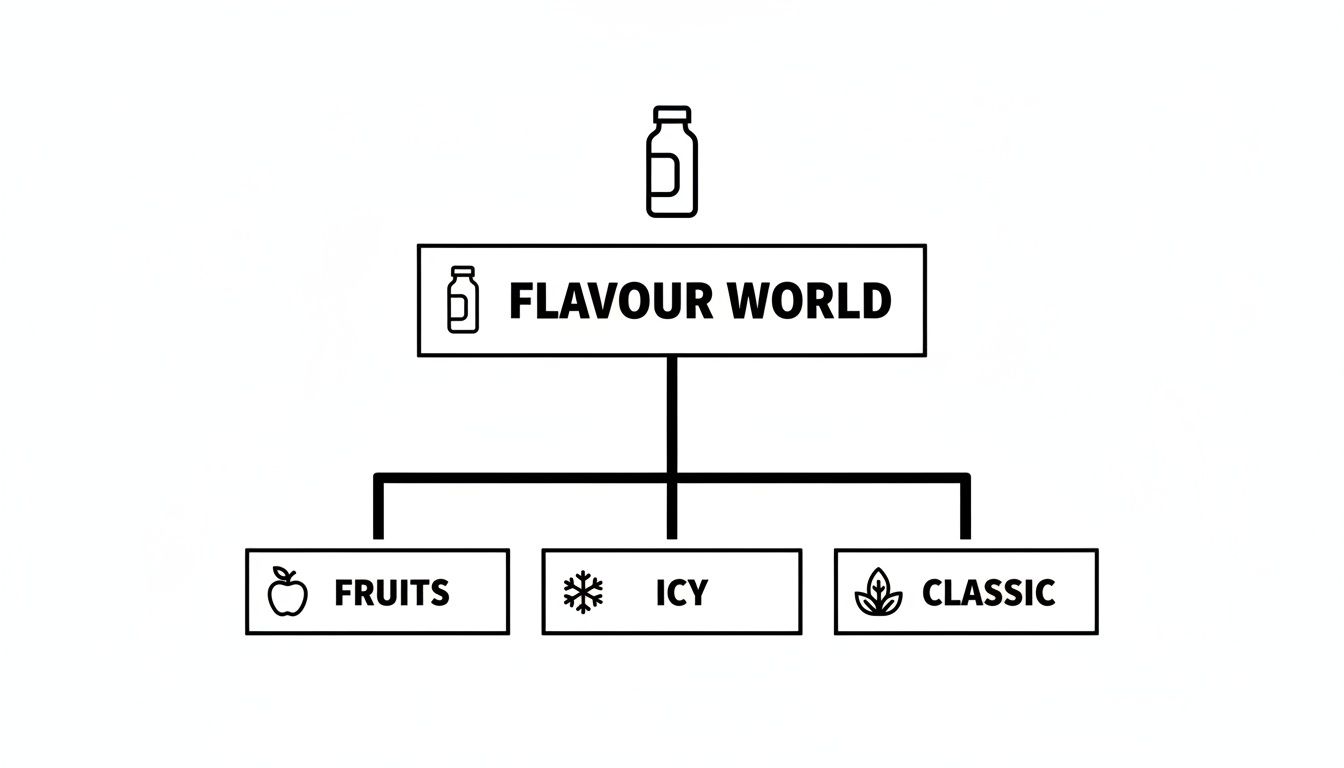 A diagram showing 'Flavour World' with categories: Fruits, Icy, and Classic, illustrated with icons.
