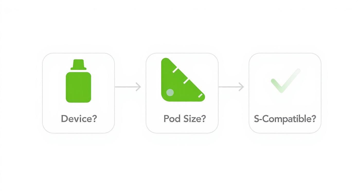 A visual guide illustrating three steps: selecting a vape device, choosing pod size, and checking S-compatibility.
