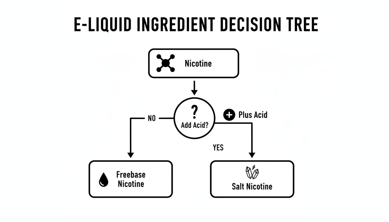 An E-Liquid Ingredient Decision Tree illustrating how adding acid to nicotine determines if it's freebase or salt nicotine.