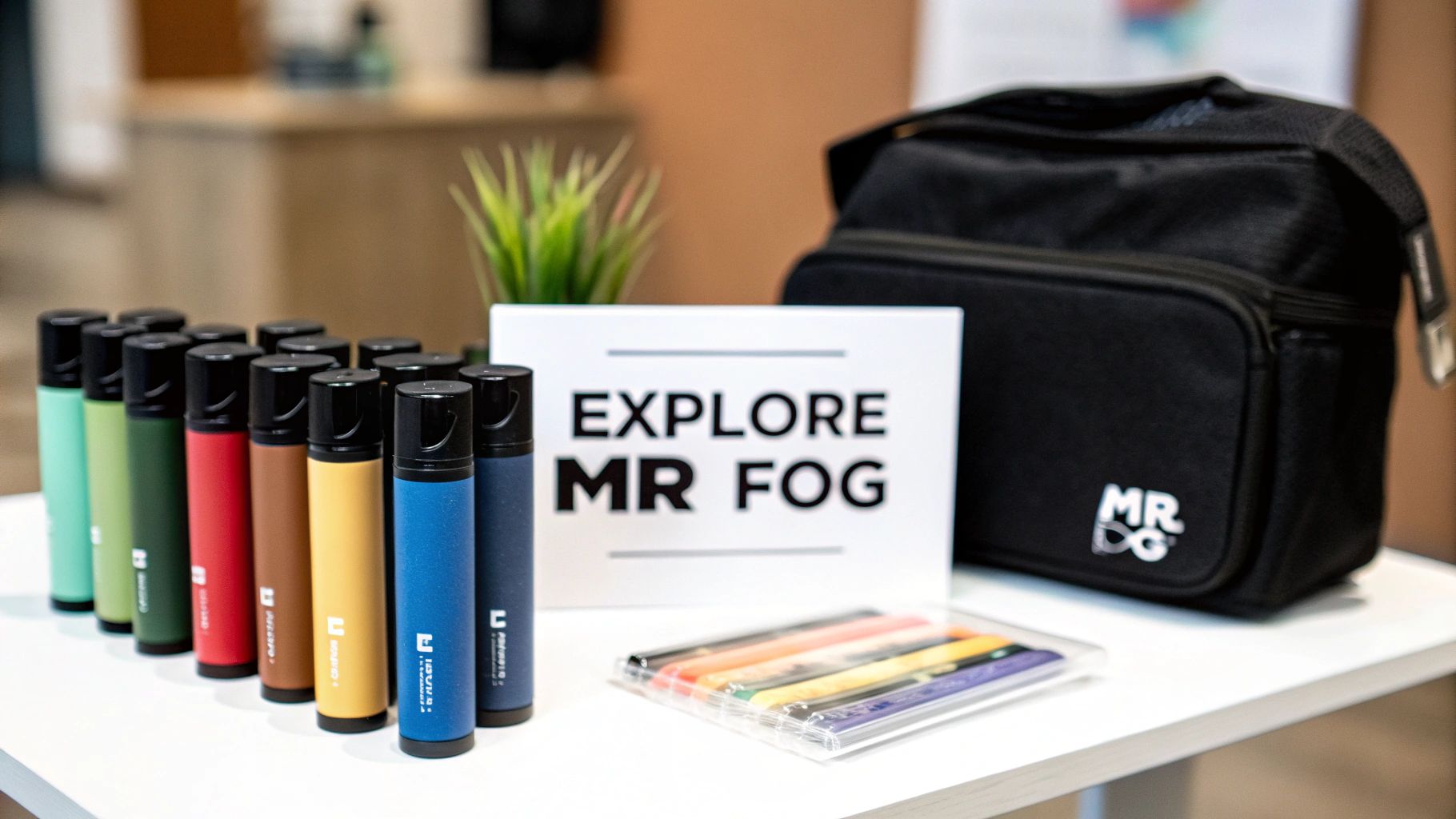 A vibrant display of colorful Mr. Fog vape pens, an 'Explore Mr. Fog' sign, and a branded bag on a white table.