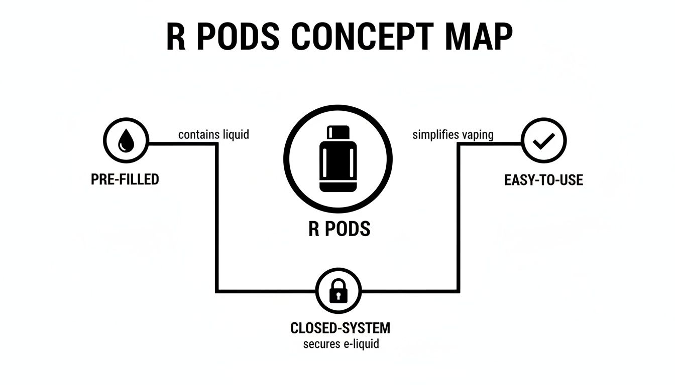 A concept map illustrating R Pods features: pre-filled, easy-to-use, and a closed system.