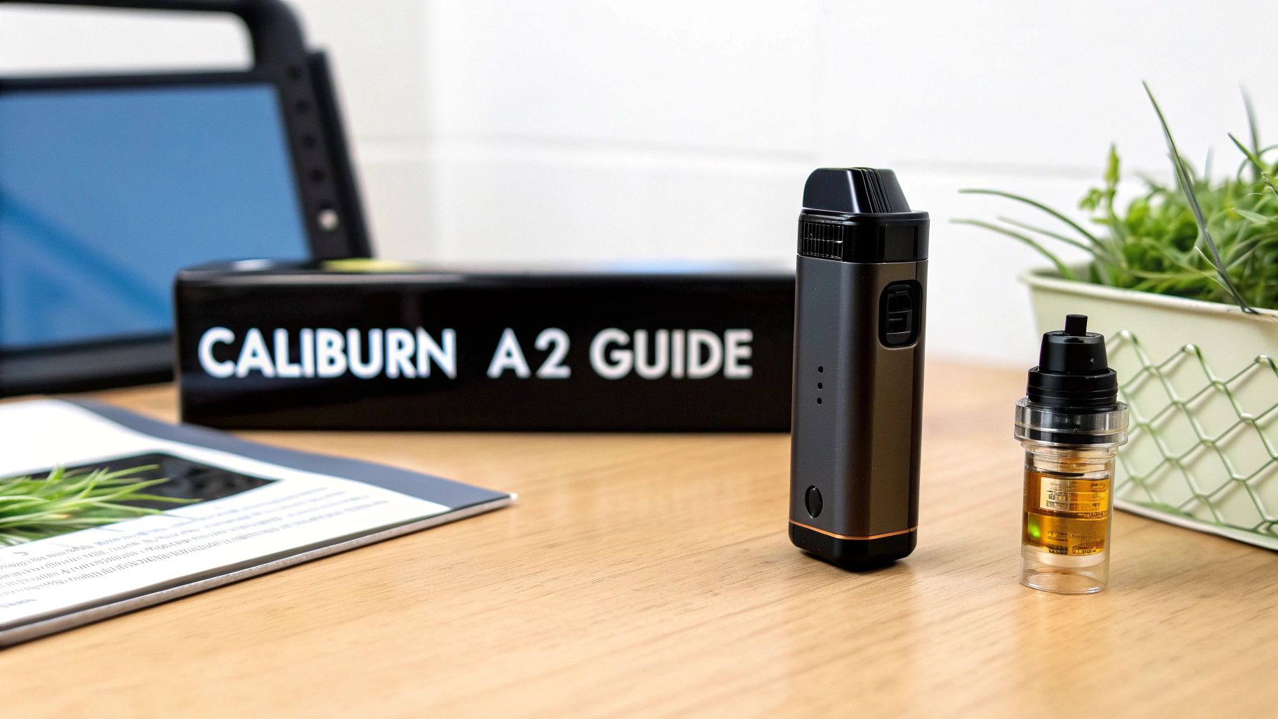 Uwell Caliburn A2 vape device, guide, and pod with e-liquid on a wooden table.