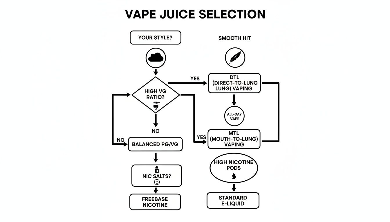 A flowchart guiding users through vape juice selection based on vaping style, VG/PG ratio, and nicotine type.