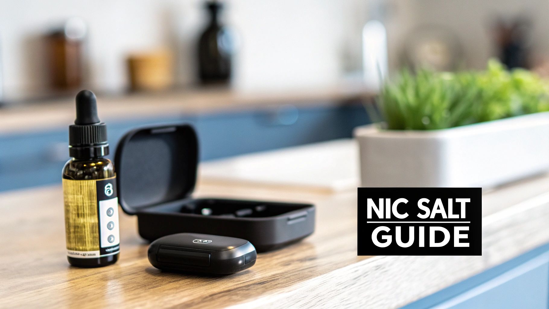 A bottle of nic salt e-liquid, a black vape pod device, and an open case on a wooden counter.