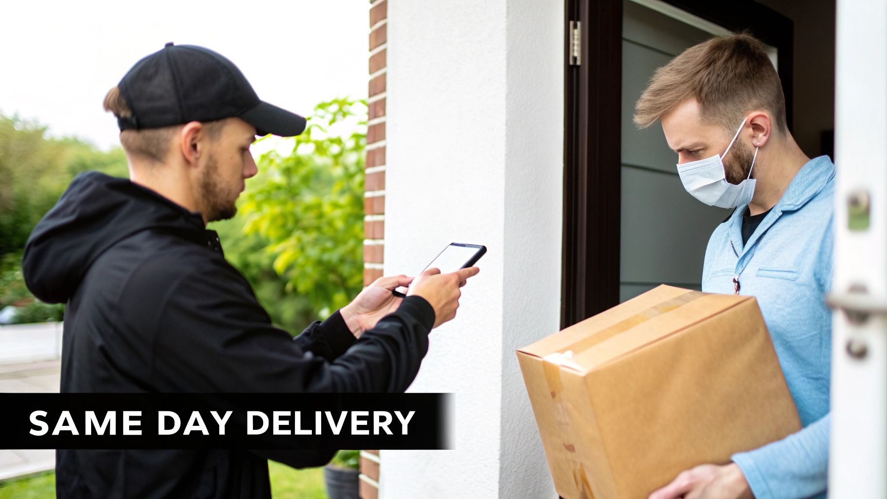 Delivery driver with smartphone and customer in face mask receiving a same-day package at home.