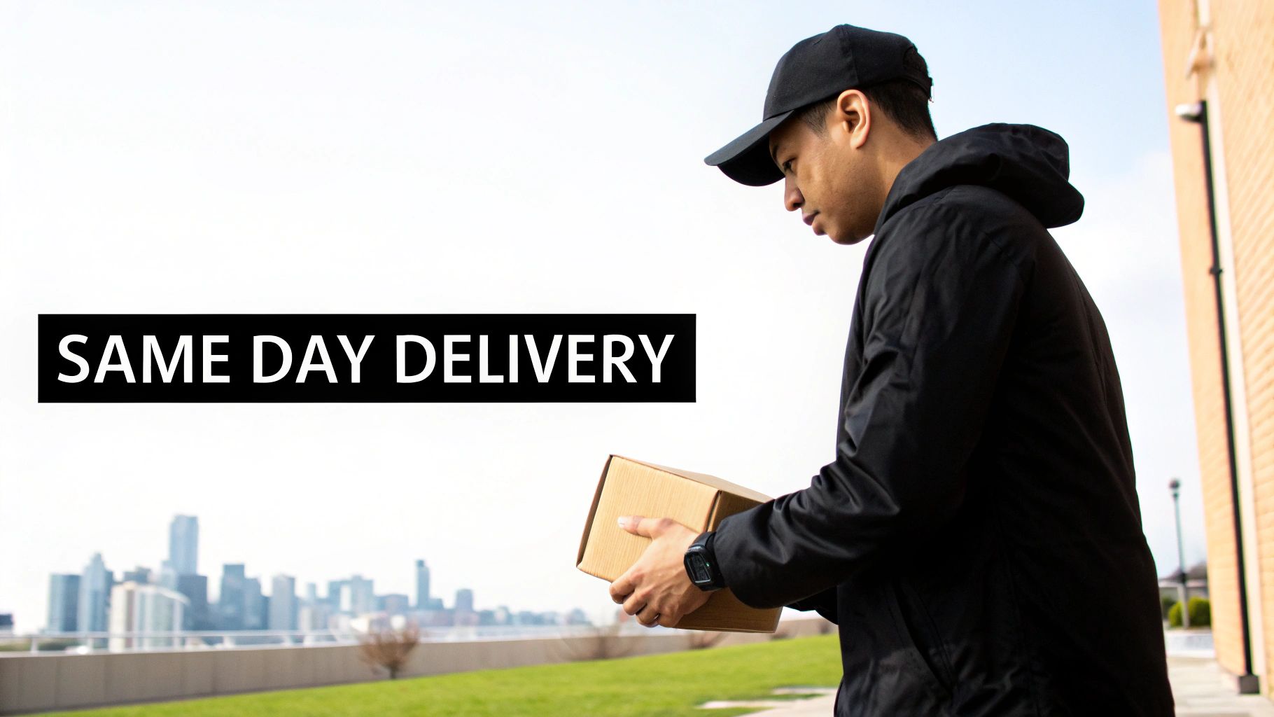 A delivery driver in a black cap and jacket holds a package, with "SAME DAY DELIVERY" text on the left.