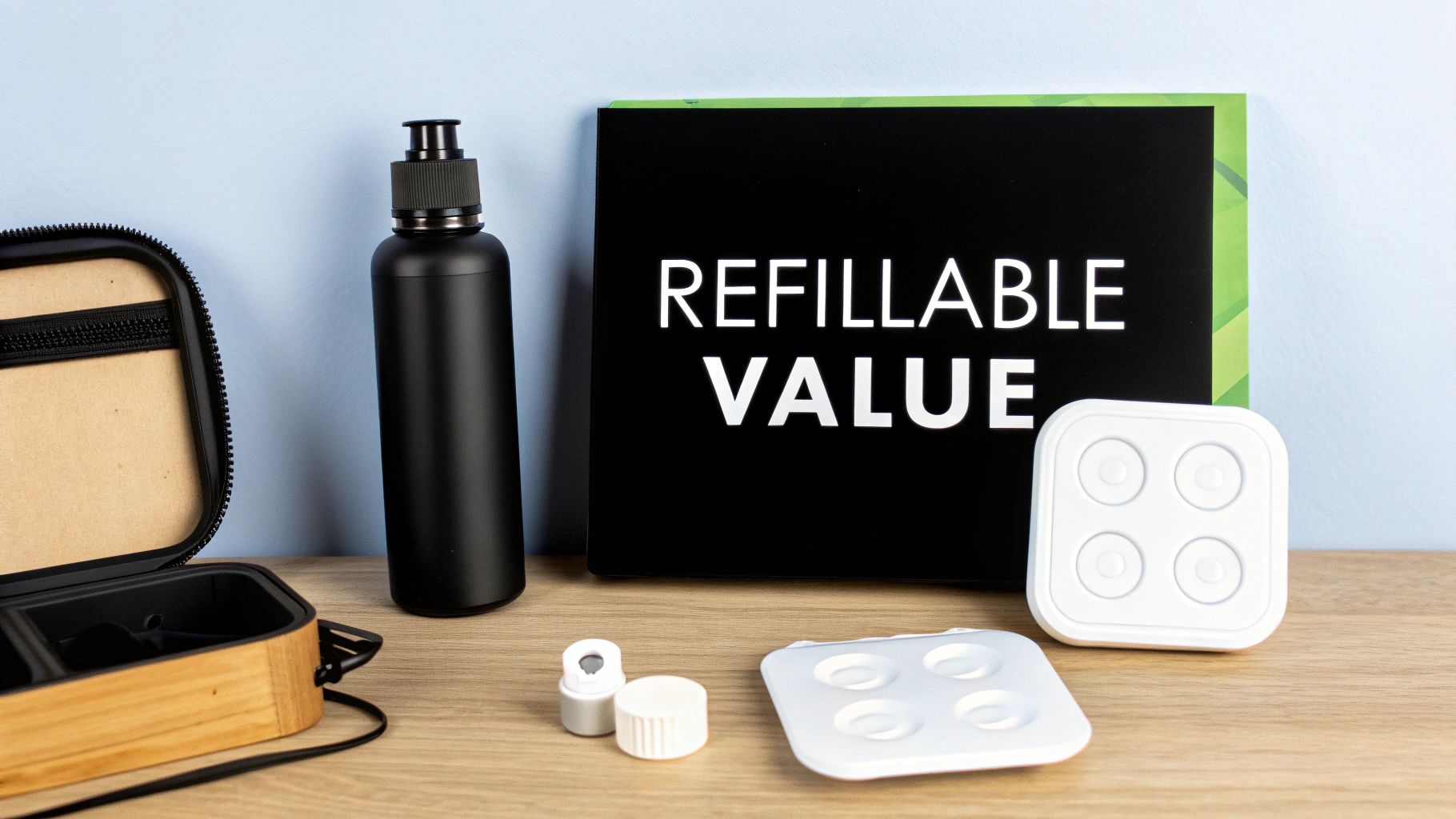 Black refillable bottle, wooden case, and white containers on a desk with a 'Refillable Value' sign.