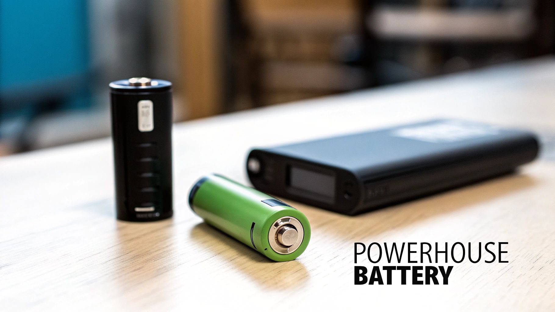 A black vape mod, a green 18650 battery, and a black power bank on a light wooden table.