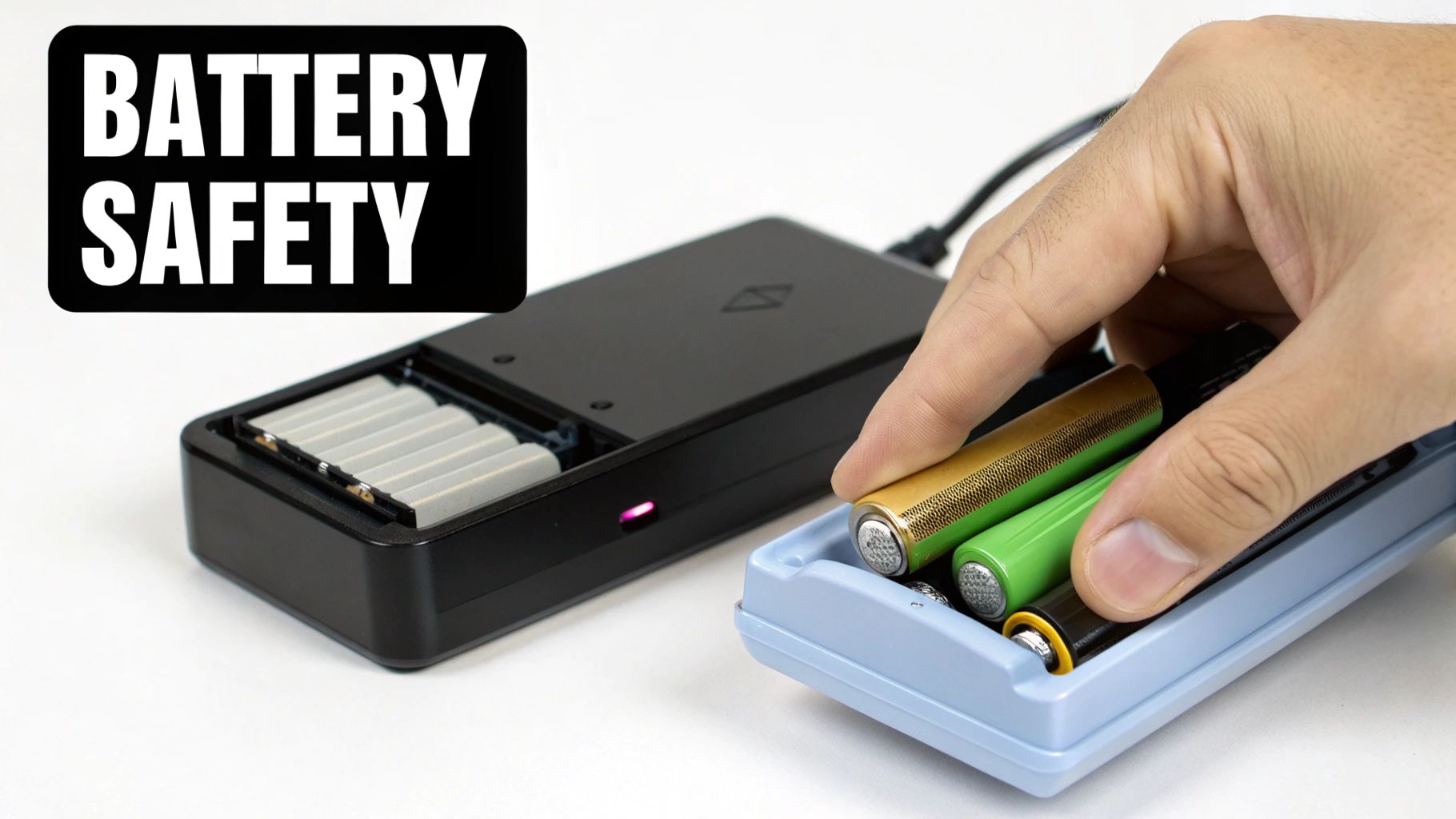 A hand places colorful batteries into a blue storage case next to a black charger, labeled 'Battery Safety'.